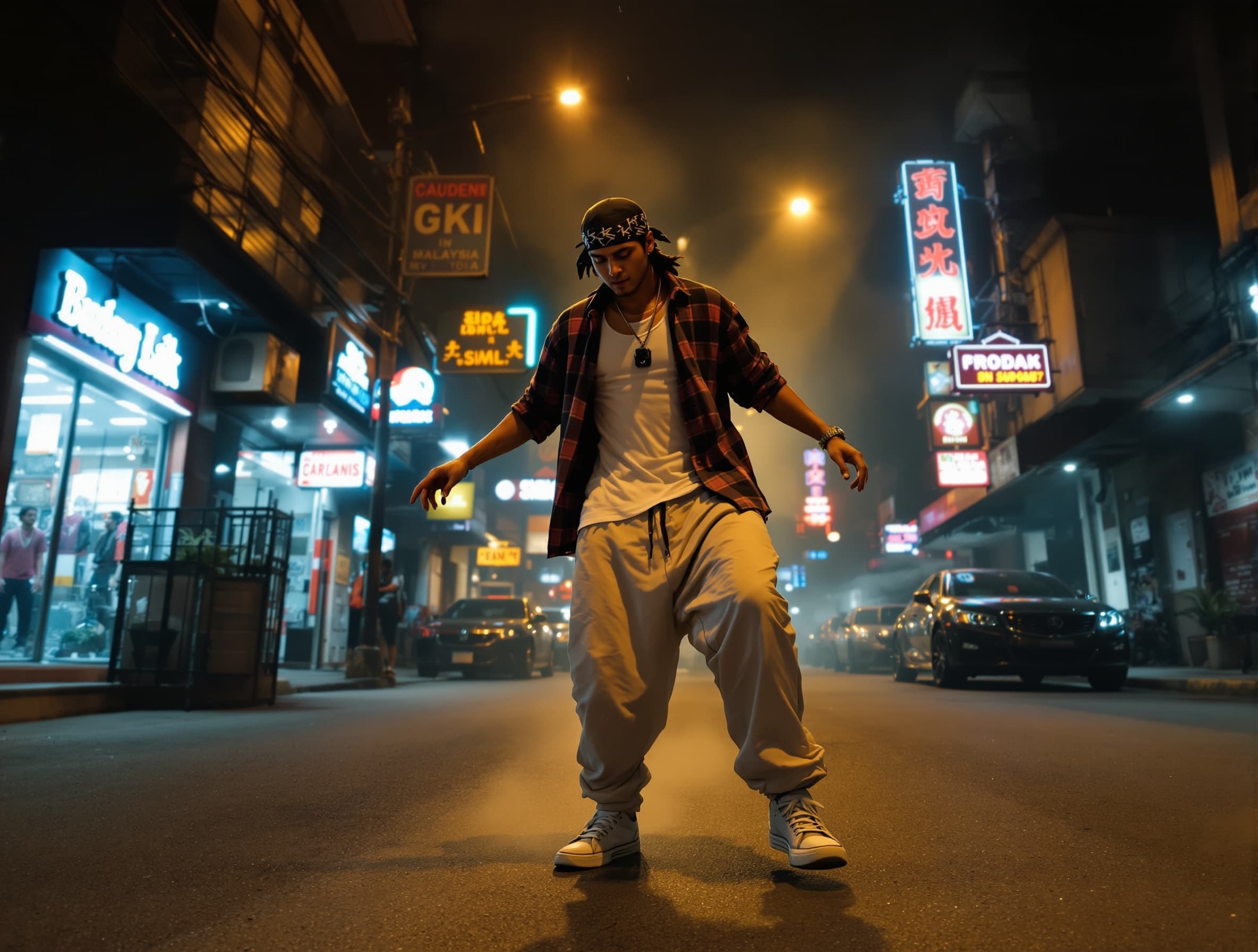 "A cinematic, ultra-realistic video of a stylish young Southeast Asian man performing Crip Walk dance moves confidently in a night street scene in Malaysia. He has a strong Chicano street style — wearing oversized flannel shirt, white tank top, baggy pants, bandana, and sneakers. His movements are smooth, sharp, and full of attitude, inspired by West Coast hip-hop culture similar to Ice Cube vibe. The environment looks like a gritty urban street in Sibu, with street lights, neon shop signs, parked cars, and slight fog in the air. Some subtle elements of photography and trading lifestyle appear — like a camera hanging on his neck and glowing forex chart reflections on nearby glass surfaces. Camera style is dynamic and cinematic: low-angle shots, slow-motion close-up of footwork, tracking shots following movement. Lighting is dramatic with high contrast, neon highlights, and realistic shadows. Dust particles floating in the air. Ultra-detailed, 4K resolution, realistic skin texture, music video aesthetic, West Coast gangsta vibe mixed with Malaysian urban culture."