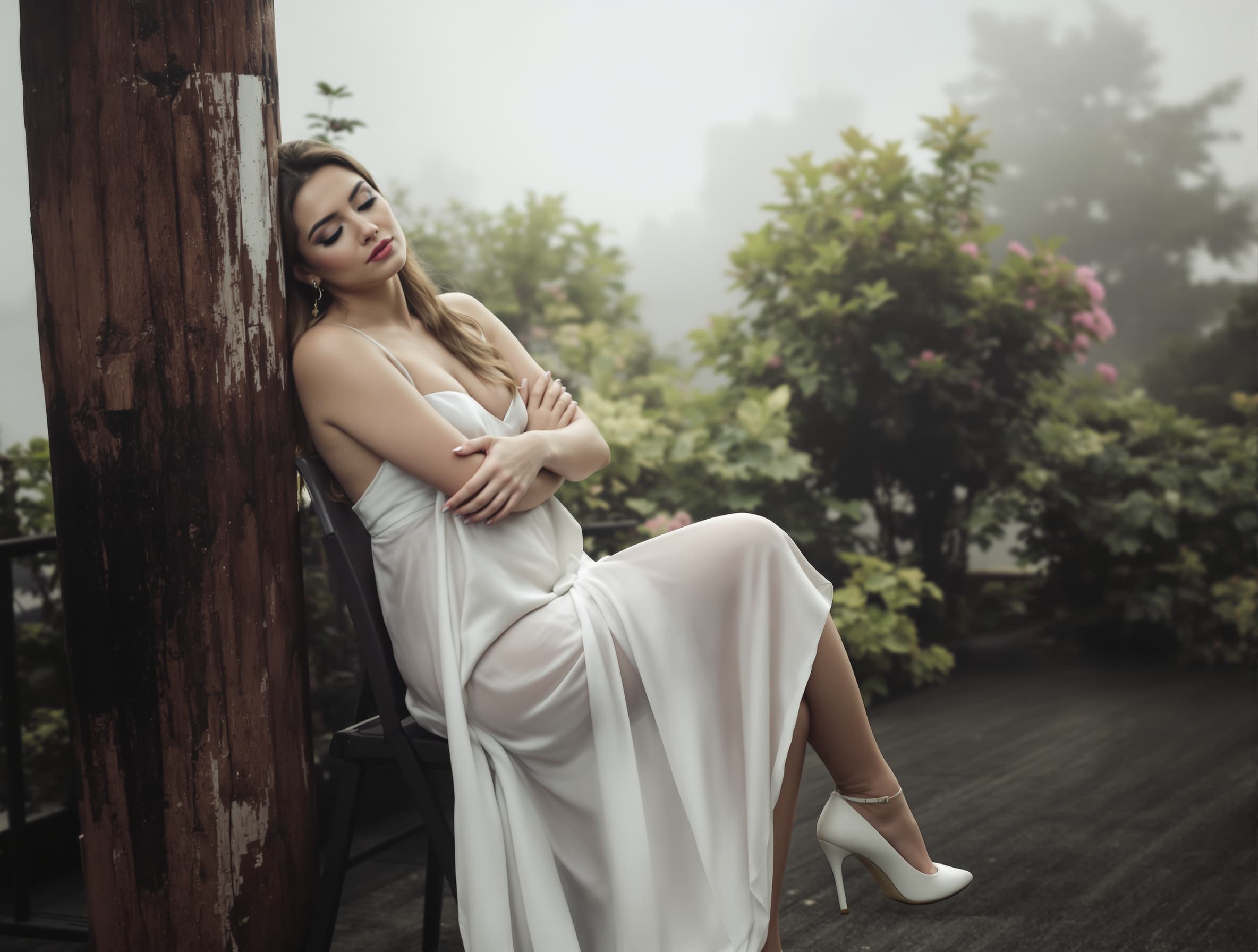 peut tu habiller la femme sur l'image en Robe décolleté fluide couleur blanche des chaussures type talons couleur blanche la femme le dos appuyer avec le poteau en bois derrière les deux bras croisé sur le vente le pied droite plier la téte appuyez avec le poteau les yeux demi fermer , image 2 peut tu remplacer la femme de l'image 1 , image 2 peut tu garder la même facettes du visage de la femme la bouche le néz les yeux le front les cheveux les oreilles , peut tu créer le mauvais temps peut tu créer la brume , peut tu mettre des plantes verts et des fleurs fleuri sous la terrasse , peut tu enlevé le fauteuil sous la terrasse