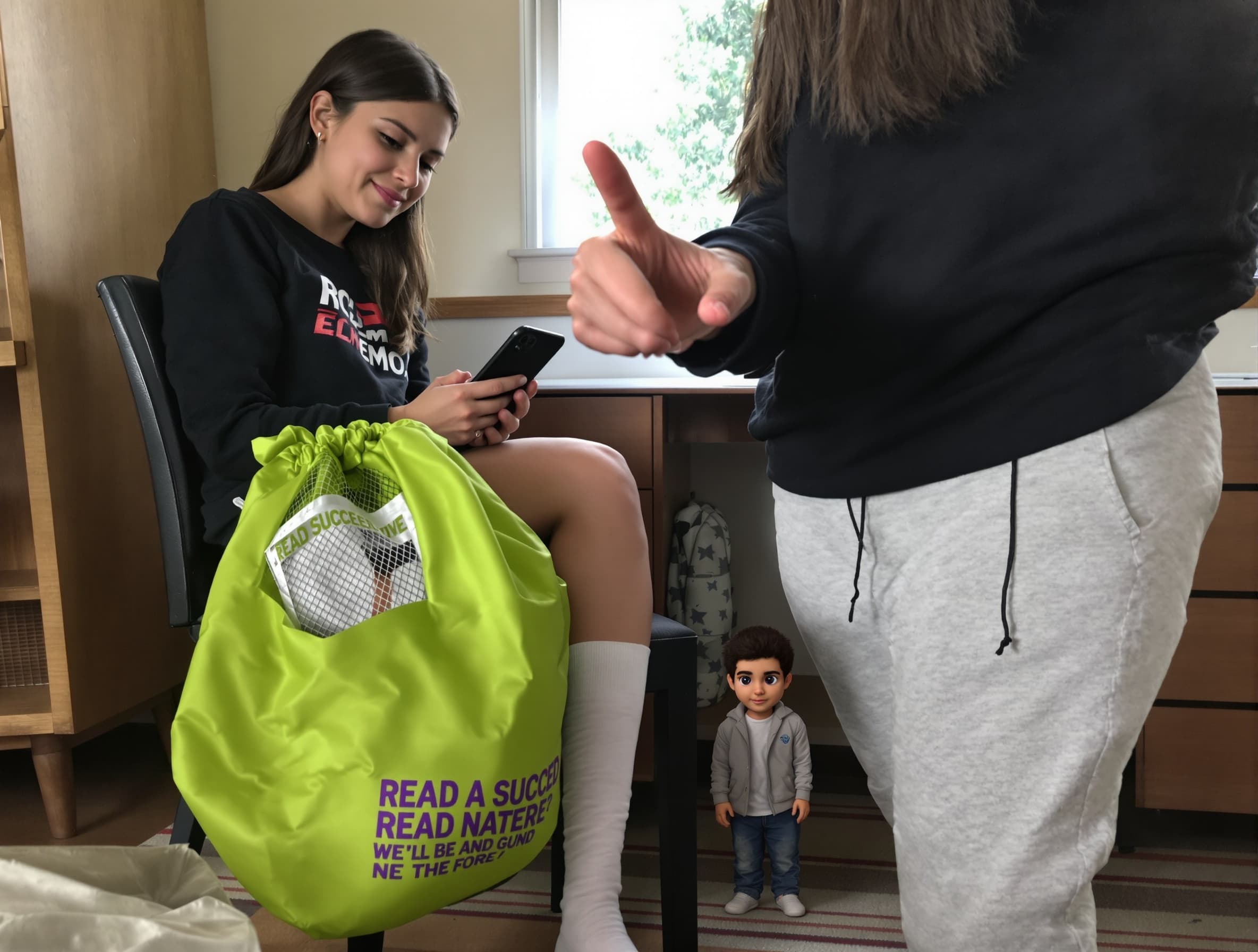 Make the setting a room and the camera angle is on the ground looking up and the girl is on her phone unaware focused on her phone while the guy is shrunk and standing right next to her foot while the girl is unaware that he is tiny and that he is there and make the girl with white socks on