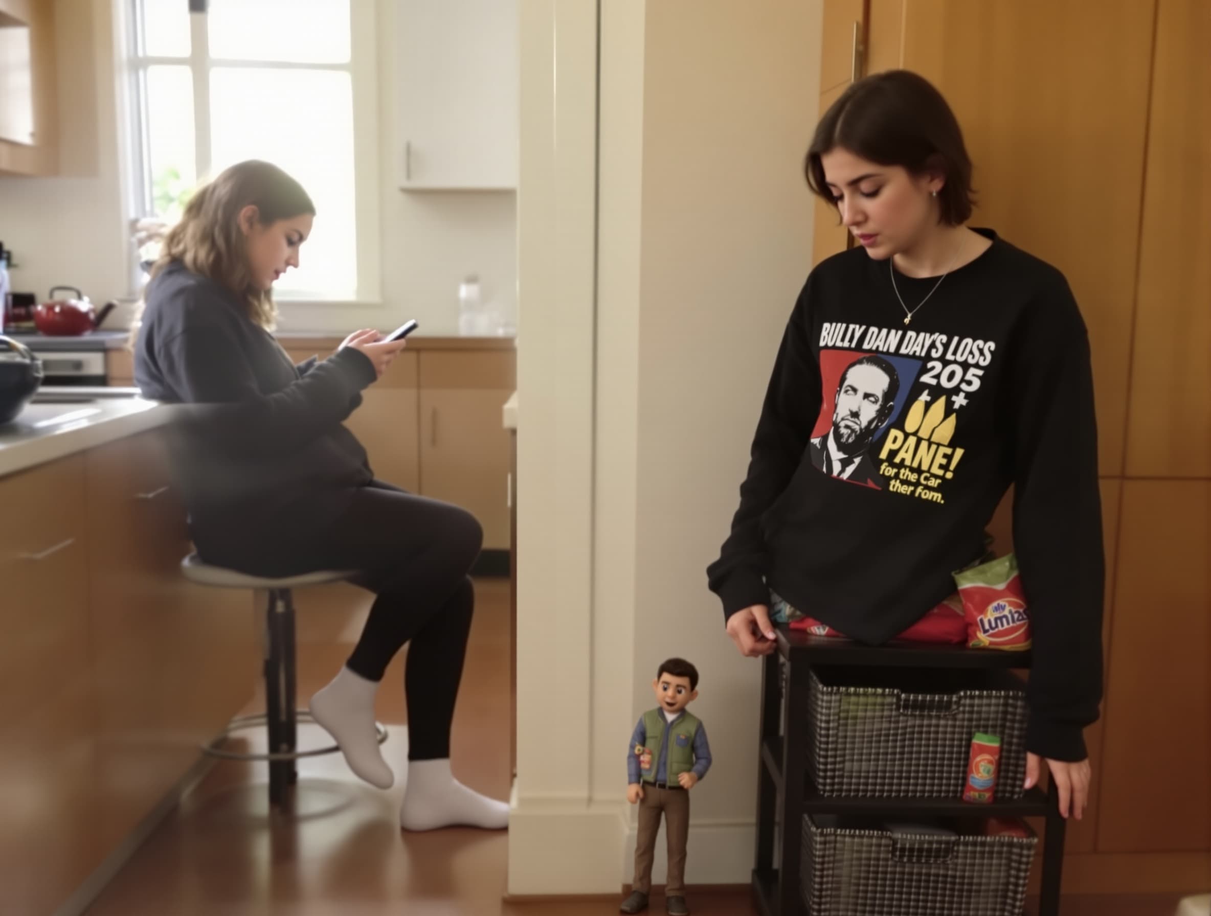 Make the setting a room and the camera angle is on the ground looking up and the girl is on her phone unaware focused on her phone while the guy is shrunk and standing right next to her foot while the girl is unaware that he is tiny and that he is there and make the girl with white socks on