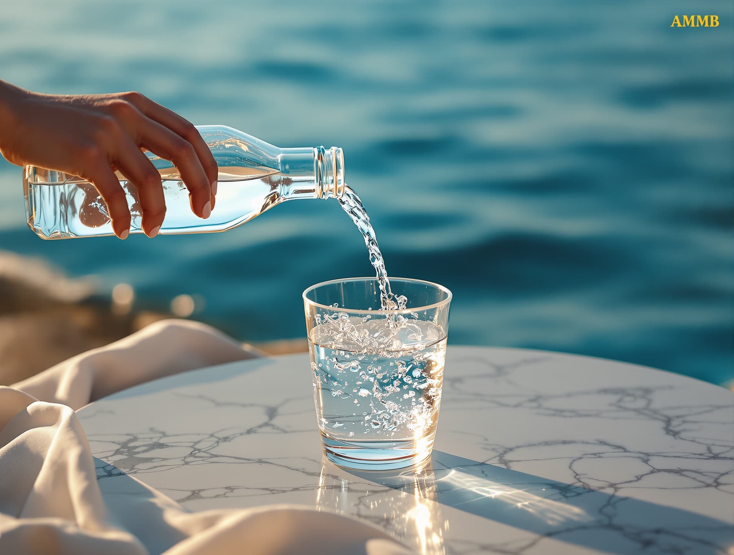 A luxurious cinematic scene of a woman’s elegant hand pouring crystal clear water from a glass bottle into a transparent cup on a marble table. The water flows smoothly and naturally with realistic fluid motion and splashes as it fills the glass. The hand moves gently and naturally while pouring. In the background, a calm blue ocean with soft moving waves under warm sunrise lighting. The sea waves move slowly and naturally, reflecting sunlight. A light breeze slightly moves the fabric on the table. Ultra realistic water physics, smooth motion, soft reflections, depth of field, cinematic lighting, slow motion, 4K quality. Keep the original composition, colors, and lighting unchanged. Add a small elegant golden logo “AMMB” in the top corner without distraction.