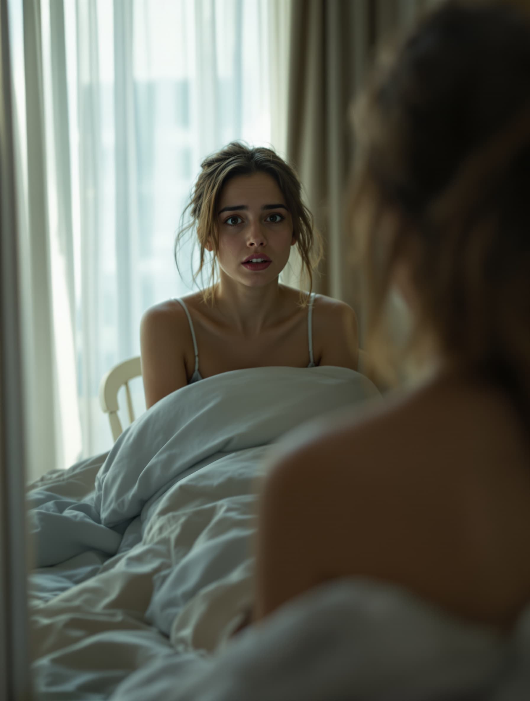 SCENE 1 — HOOK (0:00–0:12) Prompt : Close-up of a smartphone alarm ringing at 7:00 AM. A young tired woman wakes up in a soft-lit bedroom. She slowly walks to the bathroom. Camera follows her. She looks into the mirror and freezes, shocked and uncomfortable. Natural lighting, realistic skin details, cinematic mood. Voice-over (soft, emotional): "Have you ever done everything for your skin… and still feel like nothing works?"