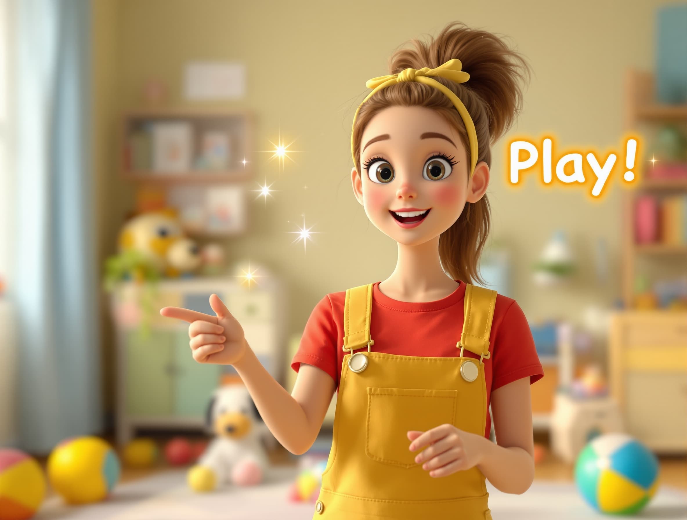 A fast-paced 8-second ultra-realistic 16:9 educational kids video. Character: Young American woman aged 25–30, light skin, oval face, hazel expressive eyes, light brown hair in a high ponytail, slim build, friendly natural smile, realistic skin texture, highly expressive but natural facial animation. Outfit: bright red t-shirt with yellow overalls and yellow headband. Background: cozy indoor kids learning room, soft pastel colors (light blue, cream, soft green), blurred toys in background, warm and clean environment. Lighting: soft natural daylight mixed with studio fill light, realistic shadows, high clarity. Style: ultra-realistic, smooth motion, slightly fast but natural pacing, optimized for kids attention retention. 0.0–1.3s: She quickly turns left and points forward. A cute realistic dog appears in front of her (friendly, small, fluffy). Bold text appears above it: “Dog”. She says clearly: “Dog!” Sound effect: soft pop + light friendly dog bark. 1.3–2.6s: She smoothly turns right and points. A colorful bouncing ball appears. Bold text: “Ball”. She says: “Ball!” Sound effect: bounce pop + soft elastic bounce. 2.6–6.5s: She claps once. A magical sparkle burst appears in the center. The dog plays with the ball naturally. Big glowing text appears: “Play!”. She says excitedly: “Play!” Sound effects: sparkle chime + soft magical whoosh + light bass hit. Camera: fixed front-facing medium shot, slight natural micro-movements for realism. Mood: joyful, engaging, educational, high retention for kids.