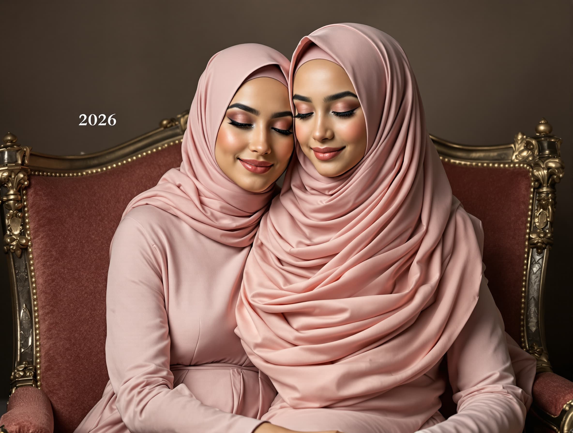 A timeless emotional studio portrait of a grown elegant hijabi woman embracing her younger childhood self. The adult woman wears a soft flowing deep pink hijab and modest long-sleeved dress in layered neutral tones, eyes gently closed with a peaceful smile, expressing warmth, healing, protection, and self-love. The young girl, around 8 years old, smiles softly while resting safely in the adult’s embrace. Both figures are captured in monochrome black-and-white tones with cinematic soft lighting and delicate shadows. Minimal textured beige-gray studio background, intimate composition, realistic skin texture, fine fabric folds, graceful hands wrapped protectively around the child, emotional depth, serene atmosphere, ultra-detailed fine art photography, medium shot, vertical portrait composition, editorial luxury aesthetic, soft focus background, subtle vintage feeling. White minimalist text “2026” above the adult figure and “1996” beside the child. High-end emotional portrait photography, healing inner child concept, elegant royal modest aesthetic. 