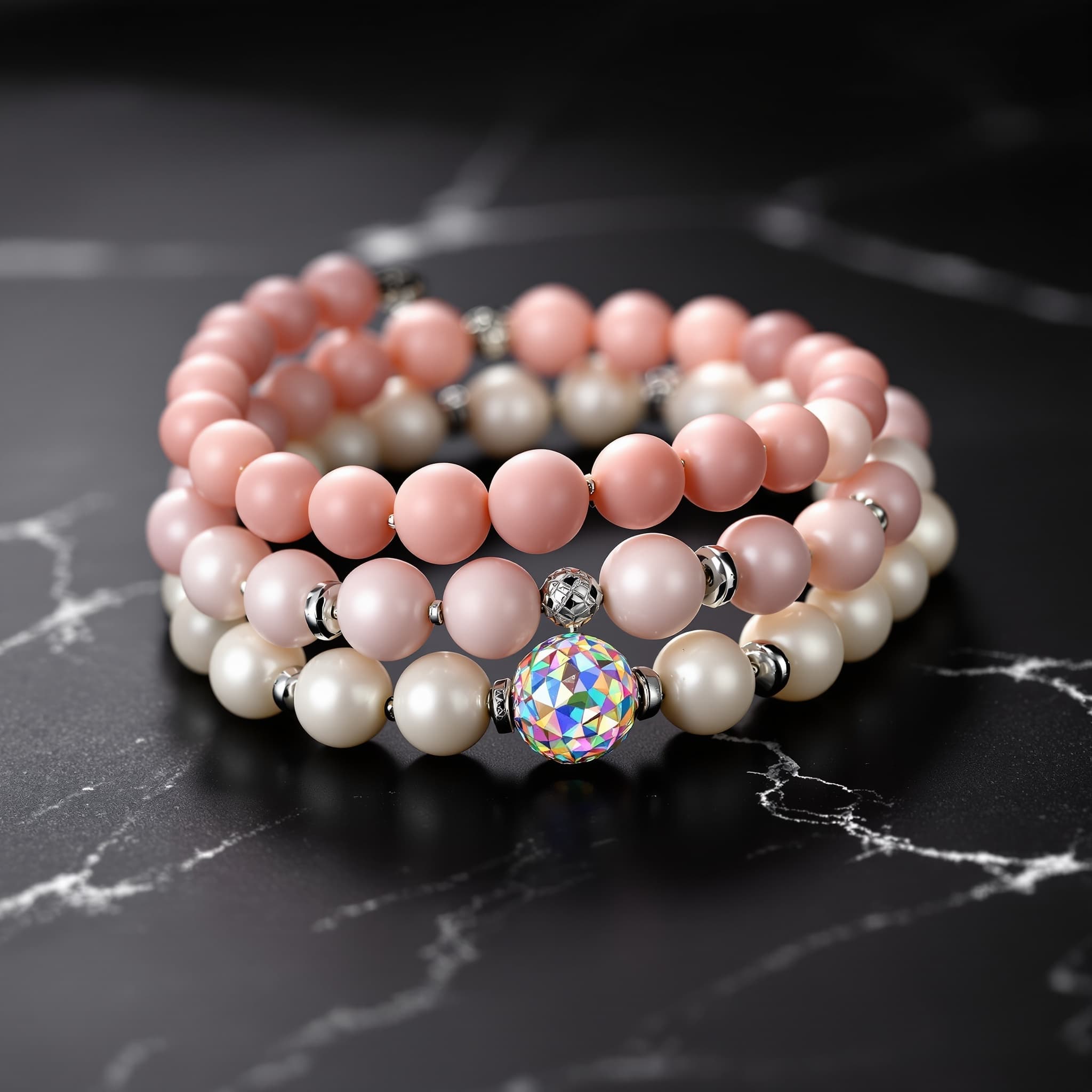 Macro product photography of a stacked set of handmade beaded bracelets, matte frosted pink beads, white pearl beads, iridescent AB crystal disco ball accent bead, silver rondelle spacers, draped on a smooth black marble surface, single soft directional studio light from upper left, deep shadows, luxury jewelry photography, minimal composition, extreme detail on bead texture, dark elegant background, no people, editorial product shot