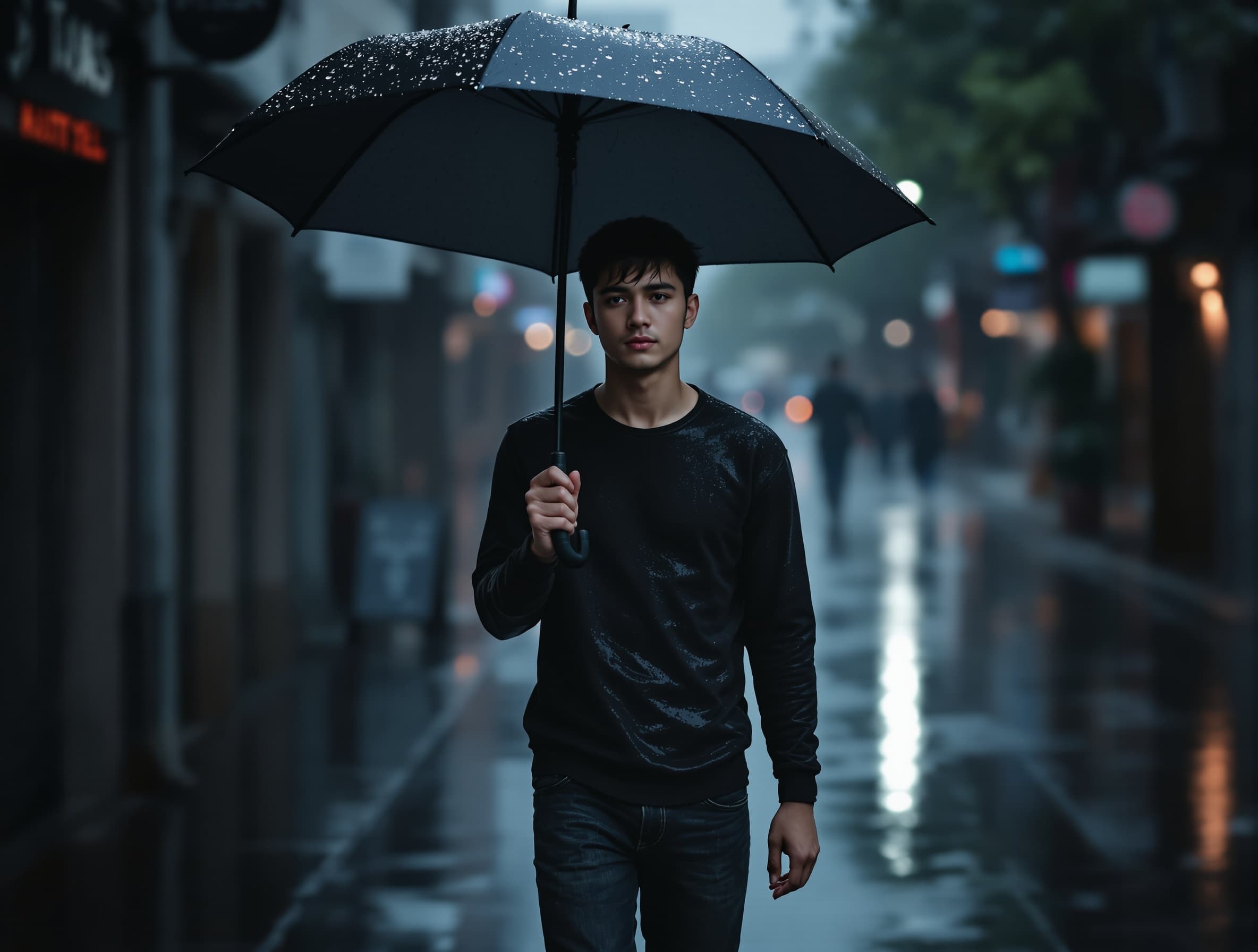 A cinematic scene of a young man walking alone in the rain, emotional, dramatic lighting, realistic style, slow camera movement