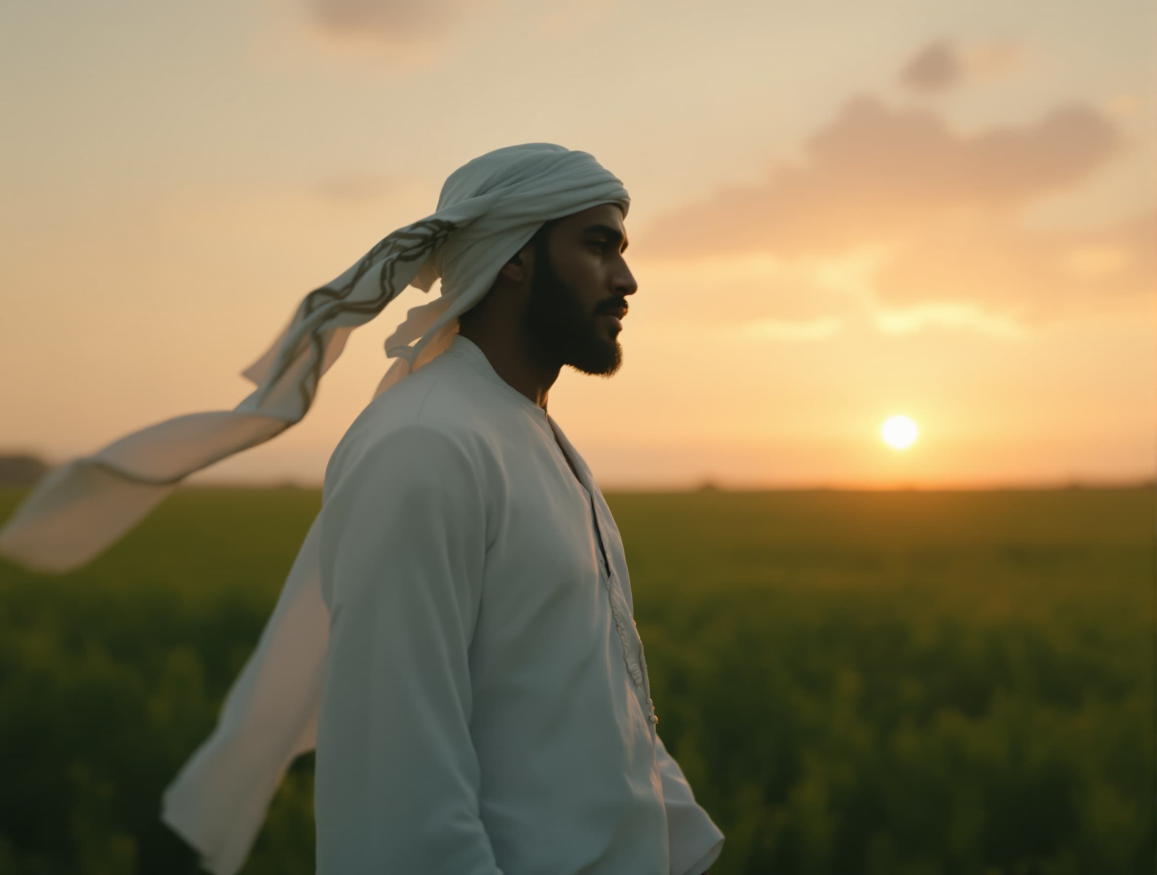 A cinematic 5-second scene of a Saidi Egyptian man standing in a vast green farmland at sunset, wearing a traditional white galabeya and headwrap, wind gently moving his clothes, dramatic and emotional atmosphere, realistic style, slow camera movement, golden hour lighting