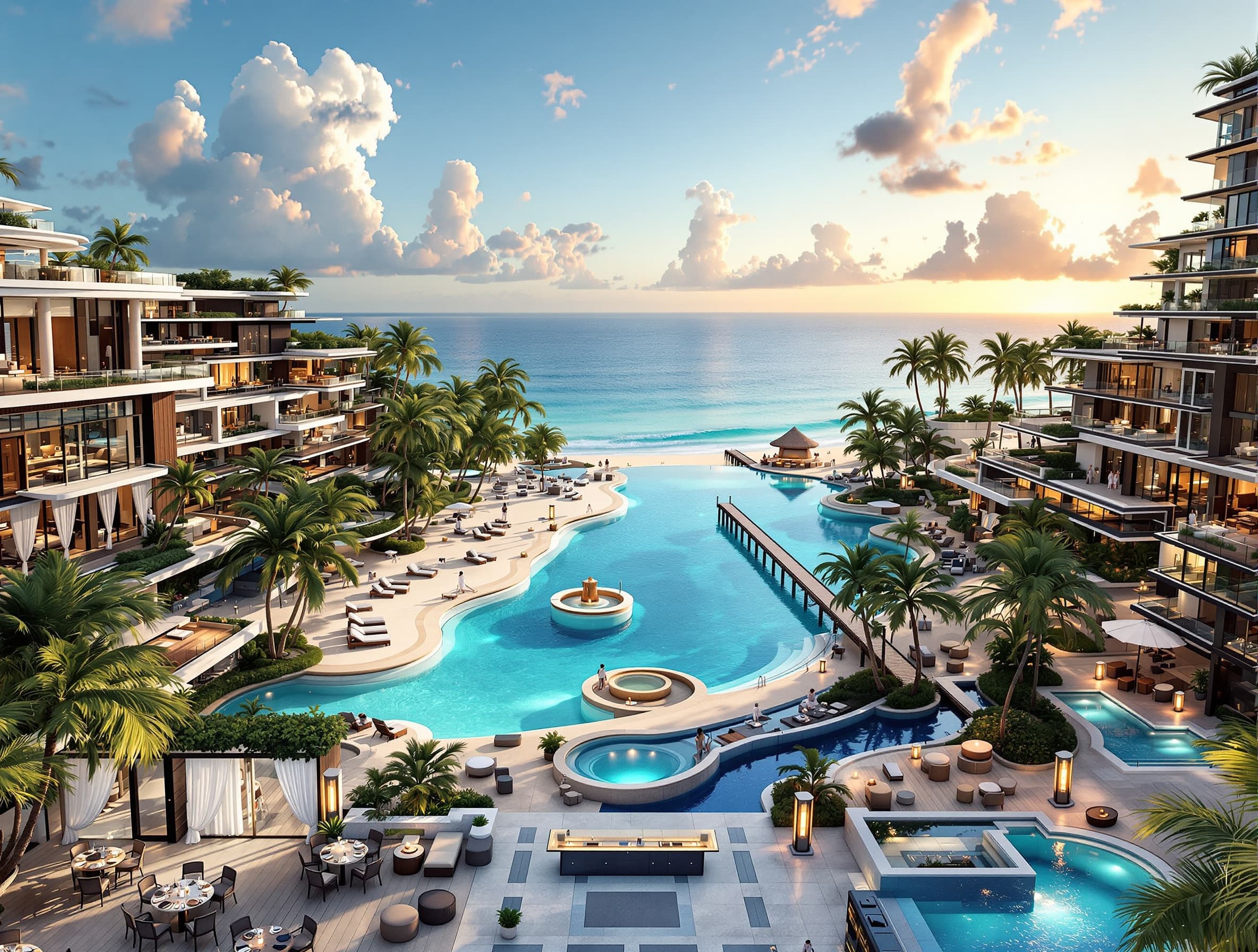 “Animate all images into a cinematic luxury Caribbean hotel video. Maintain the exact same hotel architecture, colors, lighting, tropical atmosphere and visual style across every shot. Smooth cinematic camera movement, realistic motion, ultra detailed luxury resort aesthetic. Add natural movement: palm trees moving softly with the wind, ocean waves flowing realistically, water reflections shimmering, curtains moving gently, pool water rippling, warm tropical sunlight changing naturally, glowing hotel lights at night. Camera movements: slow drone fly-throughs over the resort, cinematic tracking shots through the lobby, smooth transitions between hotel areas, elegant pans across infinity pools and beaches, slow-motion luxury hotel commercial style. Style: ultra realistic 3D pixar-like cinematic render, Netflix intro quality, luxury tropical resort atmosphere, golden hour lighting, warm colors, high-end architecture, ultra HD, depth of field, realistic reflections, relaxing paradise mood. Important: keep the SAME HOTEL in every scene, same structure, same design, same tropical luxury aesthetic, consistent visual identity, no people, no characters, no text, no logos. Scenes to animate: luxury lobby, infinity pools, suites with ocean view, spa, beachfront restaurants, tropical gardens, private beach, rooftop terraces, night lighting, sunrise over the resort. Mood: exclusive vacation paradise, elegant, dreamy, romantic, cinematic and luxurious.”