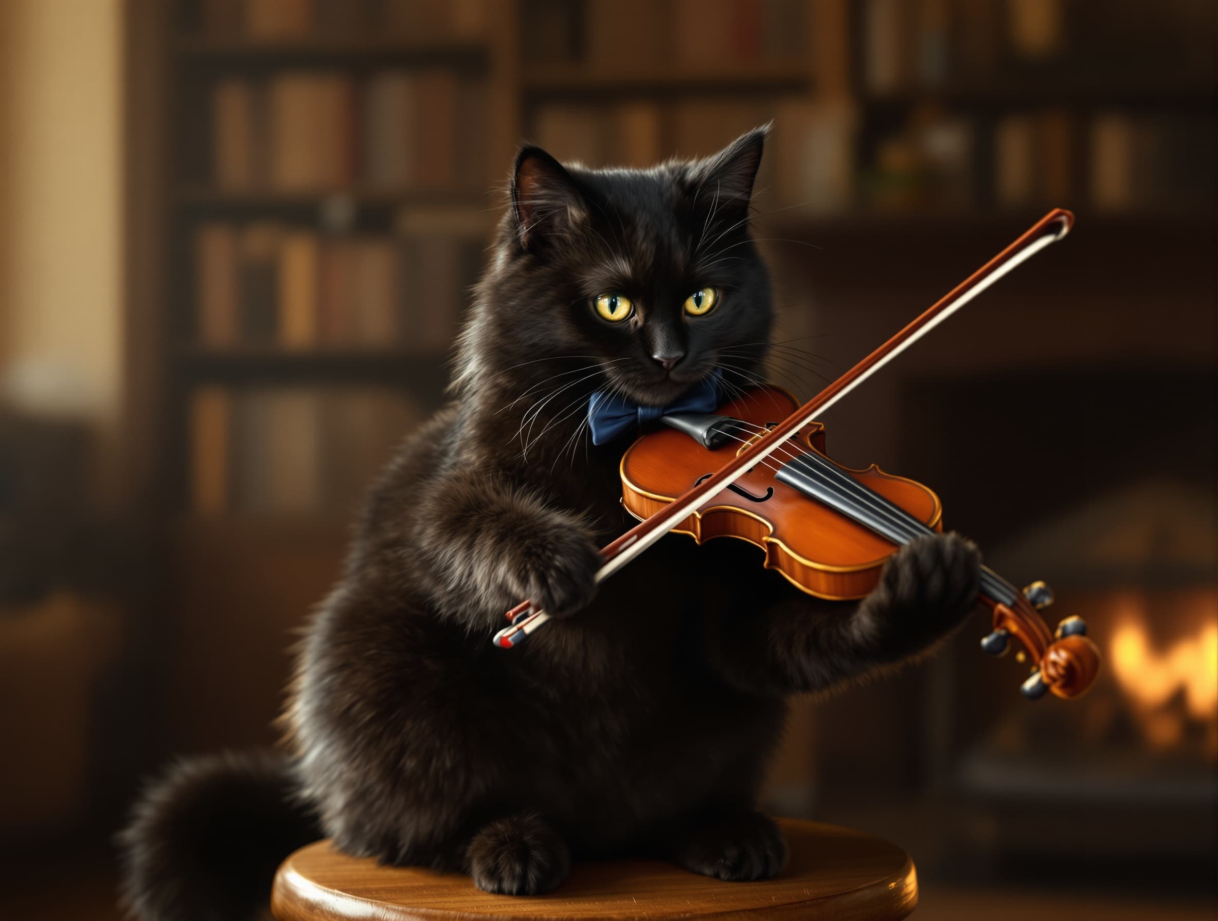 Make the cat play fairytale song on violin make it look intense and like it is playing very fast matching beat of fairytale song