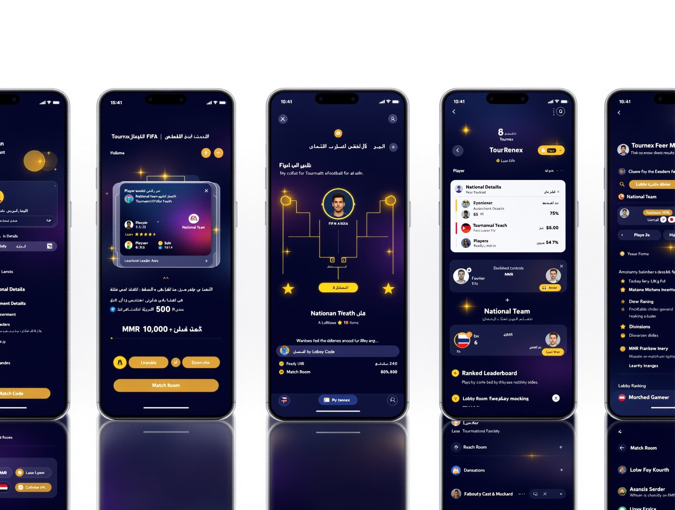 Create a professional UI/UX design mockup for a mobile app called "Tournex" — an eFootball tournament management platform. Show 6 screens side by side in one image, similar to an app showcase poster. App Overview: Tournex is a competitive eFootball platform with tournaments, ranked system, national teams, clans, social feed, and real-time match rooms. Screens to design: Home Feed — social posts with match results, stories bar at top, bottom navigation with 5 tabs (Home, Compete, Ranked, Chat, Teams) Player Profile — avatar, stats (wins/losses/goals/market value), ranked badge, recent matches list, follow/message buttons Tournament Details — tournament cover image, bracket or league info, participants list, match cards with scores, admin controls button National Team Match — two team flags vs each other, score header, player matchups list (1v1 cards), substitution button for captain Ranked Leaderboard — MMR ranking list, division badges (Bronze/Silver/Gold/Elite), player cards with rank numbers Match Room — two player avatars, ready status indicators, lobby code input, chat tab, submit score button Design Requirements: Dark theme, deep navy/black backgrounds Gold and purple accent colors Modern gaming aesthetic, similar to FIFA/eFootball apps Clean cards with subtle gradients and glows Arabic + English mixed UI labels Smooth rounded corners everywhere Professional esports branding feel Style reference: Similar to Arena esports app UI shown in the reference image — dark, premium, competitive gaming feel. Output: Single wide image showing all 6 screens horizontally, high quality, realistic mobile mockup style.
