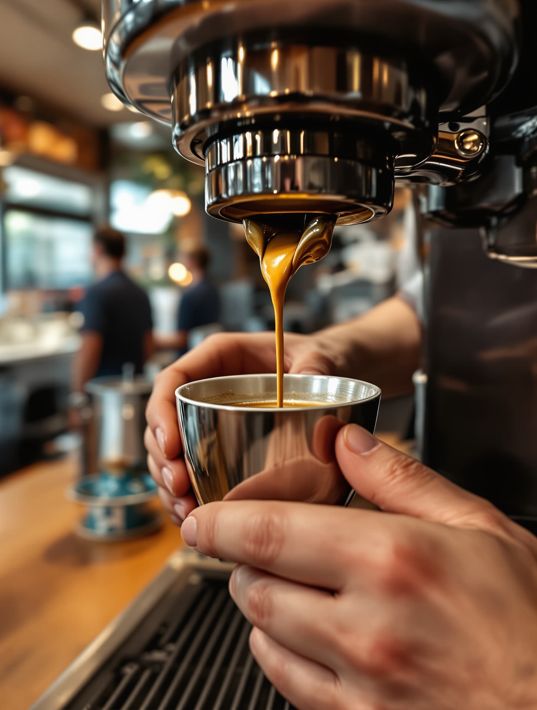 Barista pulling the perfect espresso shot, close-up of portafilter and espresso stream, rich golden crema, coffee shop ambience, smooth camera tracking, satisfying extraction, cinematic color grading, ultra-realistic, vertical video, 9:16, 4K."