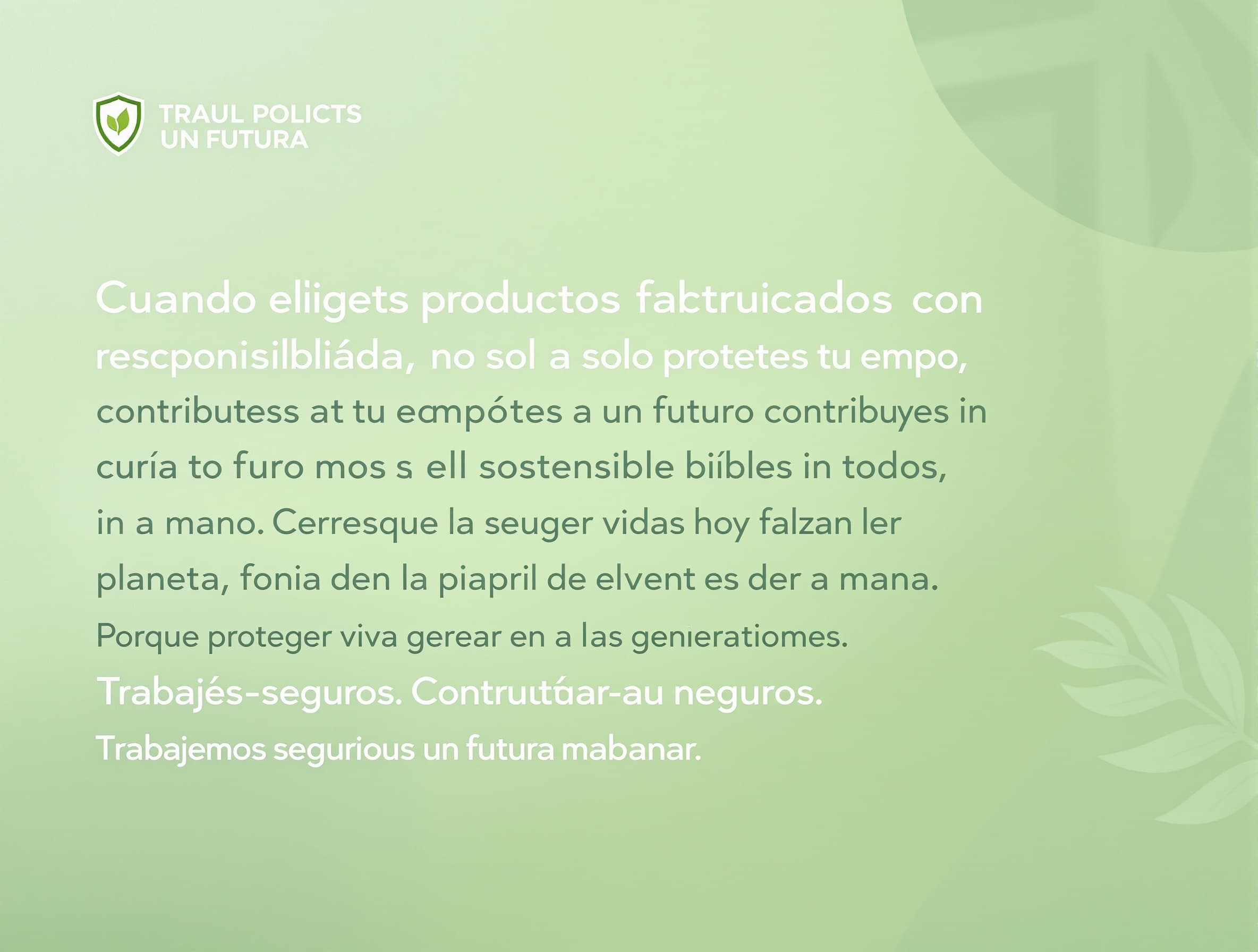 Cuando eliges productos fabricados con responsabilidad, no solo proteges a tu equipo, también contribuyes a un futuro más sostenible para todos. Creemos que la seguridad y el cuidado del planeta pueden ir de la mano. Porque proteger vidas hoy también significa pensar en las generaciones de mañana. Trabajemos seguros. Construyamos un futuro mejor.