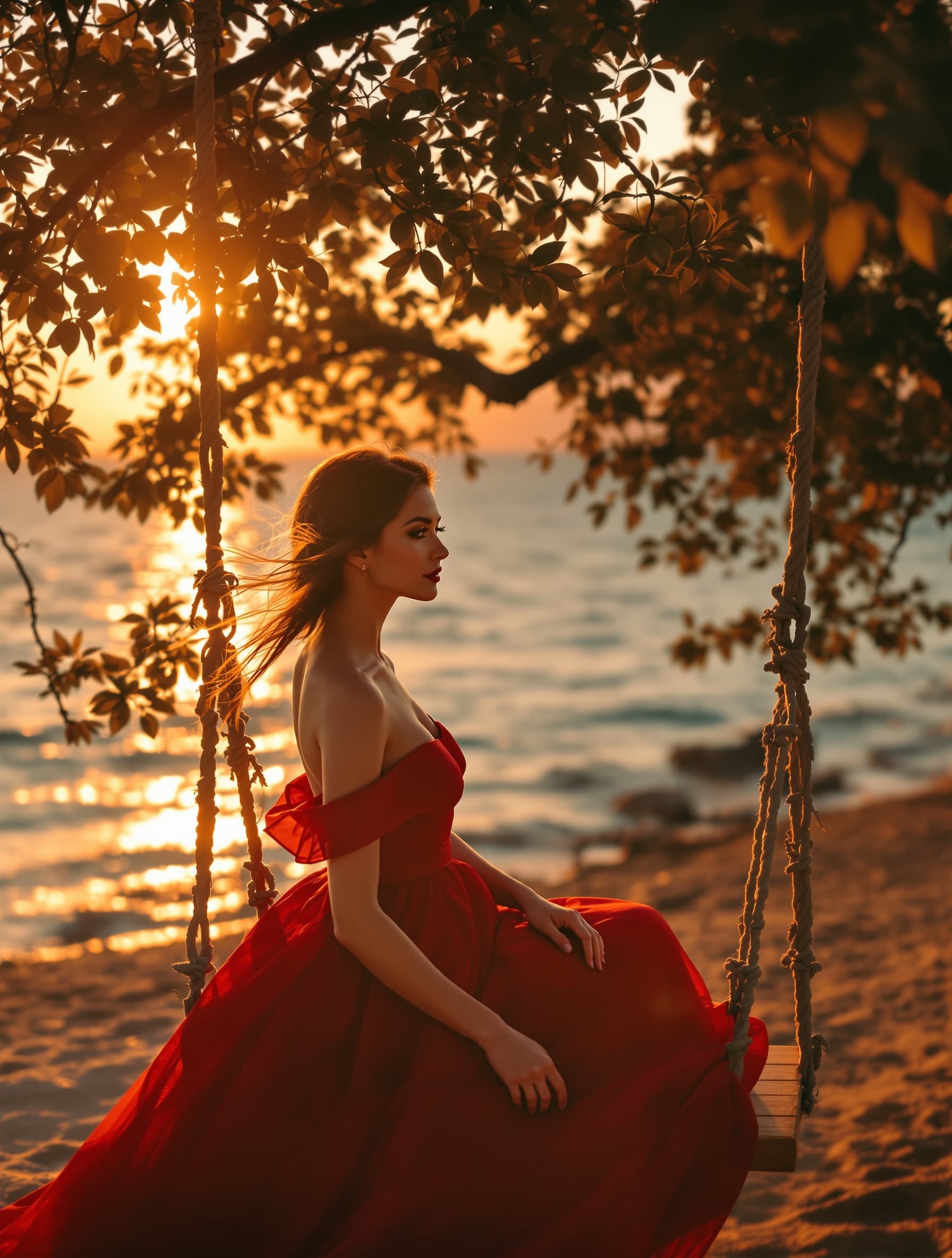 Animate this image into a realistic 2-3 second cinematic video. Preserve the original image exactly: same woman, same body shape, same pose, same red dress, same swing, same beach, same sunset light, same tree branches, same background and same composition. Add only very subtle natural movement: * a slow cinematic camera push-in * gentle swing movement, very minimal * soft movement in the dress fabric * slight natural hair movement from the breeze * warm sunlight shimmer on the sea * very subtle movement in the leaves caused by the wind The mood should feel elegant, calm, refined, cinematic and realistic. Keep the image stable and high quality. No sudden movement. No exaggerated animation. Do not change the person. Do not change the face. Do not change the outfit. Do not change the colors. Do not change the background. Do not add objects. Do not remove objects. Do not distort the hands, arms, body, swing ropes, face, eyes or mouth. No flickering, no warping, no morphing, no extra limbs, no camera shake.