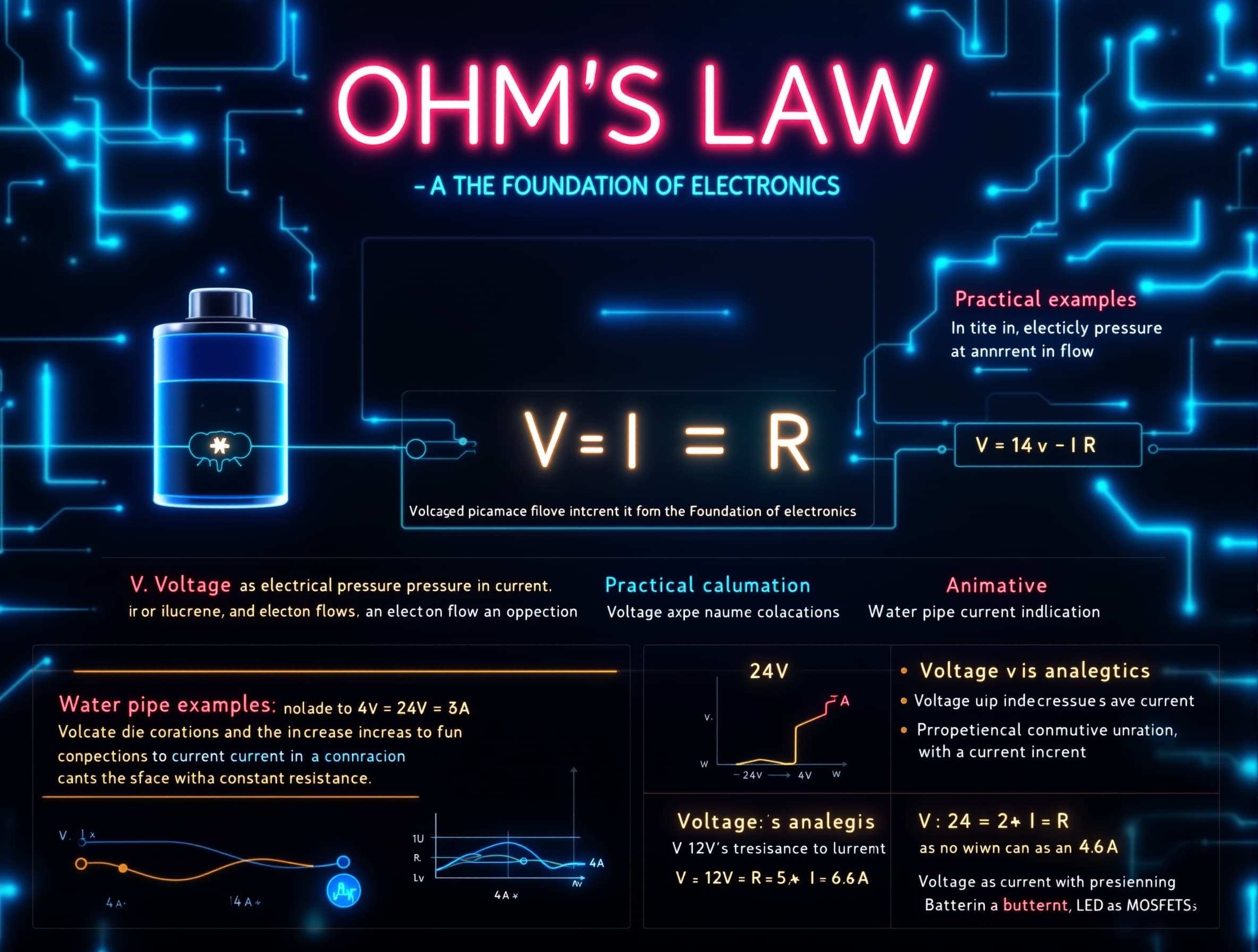Create a cinematic 60–90 second educational animation explaining Ohm's Law. Dark futuristic background with glowing blue electric circuits and flowing electrons. Start with the title "OHM'S LAW – The Foundation of Electronics". Show a realistic battery connected to a resistor through wires. Animate electrons moving through the circuit while displaying the formula: V = I × R Explain each variable with glowing labels: V (Voltage) = Electrical Pressure (Volts) I (Current) = Flow of Electrons (Amperes) R (Resistance) = Opposition to Current (Ohms) Use water-pipe analogy animations: Voltage as water pressure. Current as water flow. Resistance as a narrow pipe restricting flow. Show practical examples: Increase Voltage → Current increases. Increase Resistance → Current decreases. Constant Resistance → Current proportional to Voltage. Display animated calculations: Example 1: V = 12V, R = 4Ω I = V/R = 12/4 = 3A Example 2: V = 24V, R = 6Ω I = 24/6 = 4A Include colorful graphs showing Voltage vs Current relationship. Use glowing arrows, 3D circuit components, realistic resistors, batteries, LEDs, and MOSFETs. Add smooth camera movements, zoom-ins, dynamic transitions, and modern tech-style HUD elements. End with a summary screen: "Ohm's Law: Voltage drives Current, Resistance limits Current." Display the formula V = I × R in large glowing text with electric effects. Ultra-detailed scientific animation, photorealistic electronics, 4K, 60 FPS, professional educational documentary style, semiconductor engineering aesthetic, neon blue and white color theme.