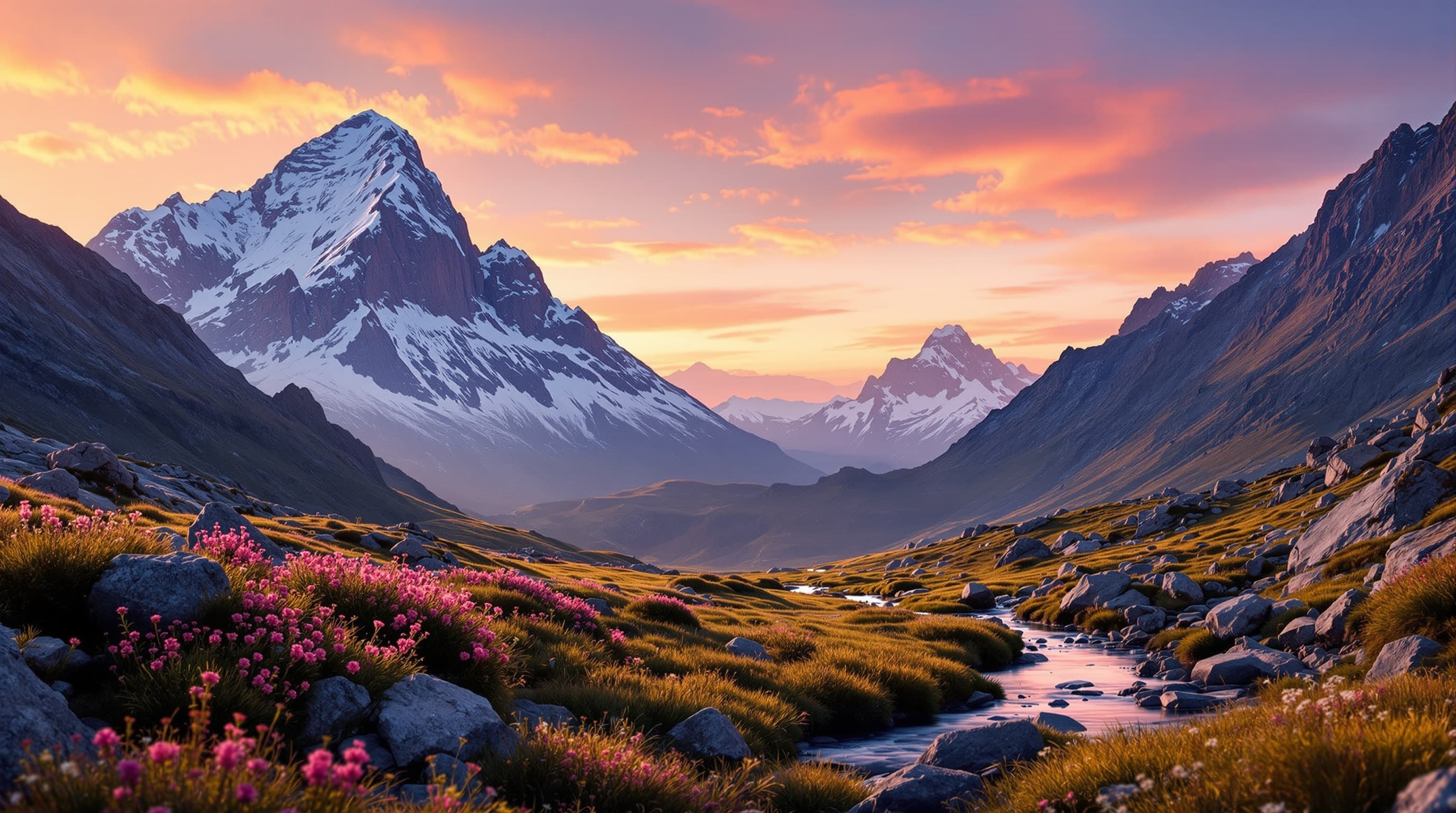 mountain landscape at sunrise, cinematic lighting, shallow depth of field, ultra detailed, vivid color grading
