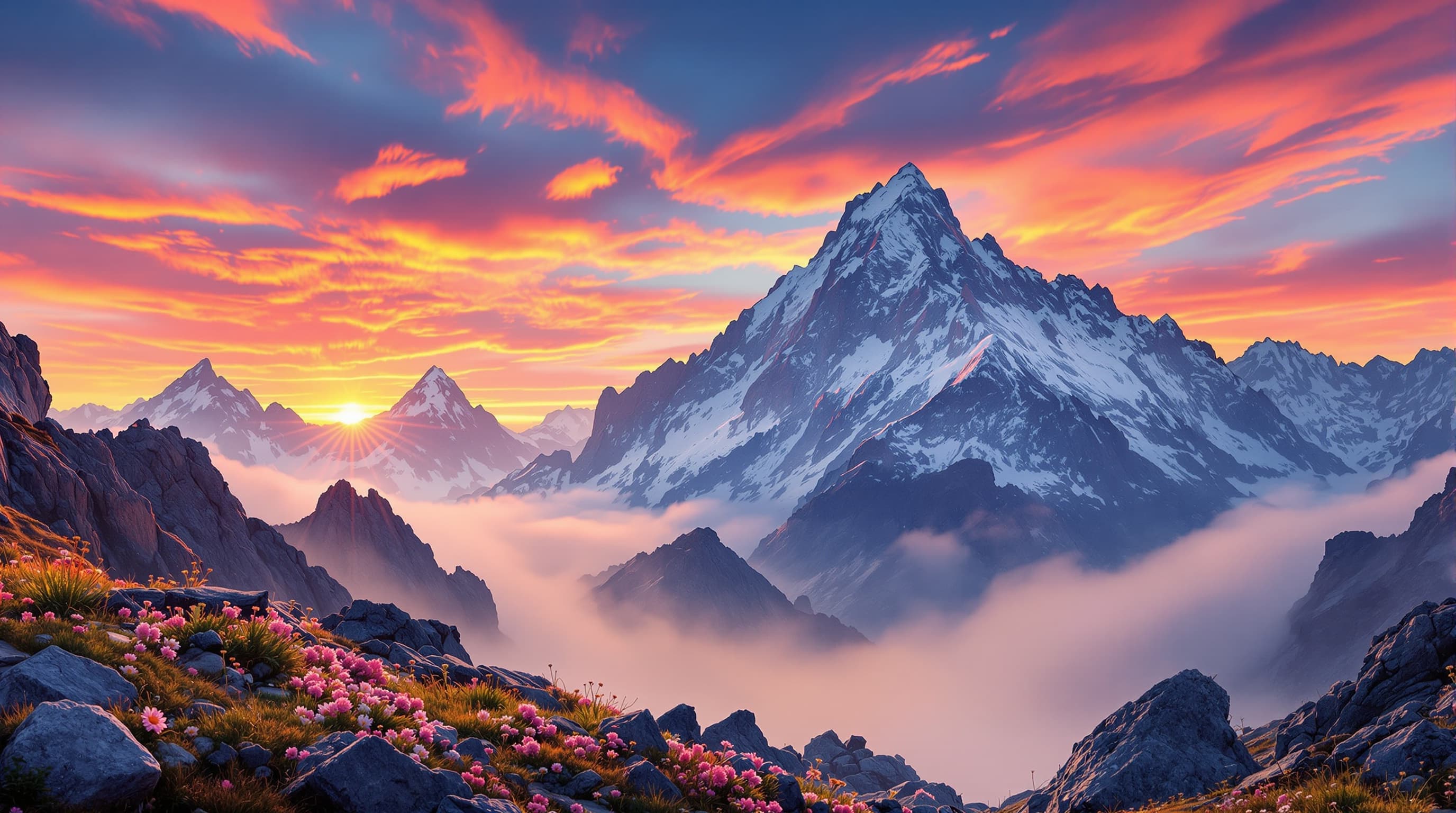 mountain landscape at sunrise, cinematic lighting, shallow depth of field, ultra detailed, vivid color grading