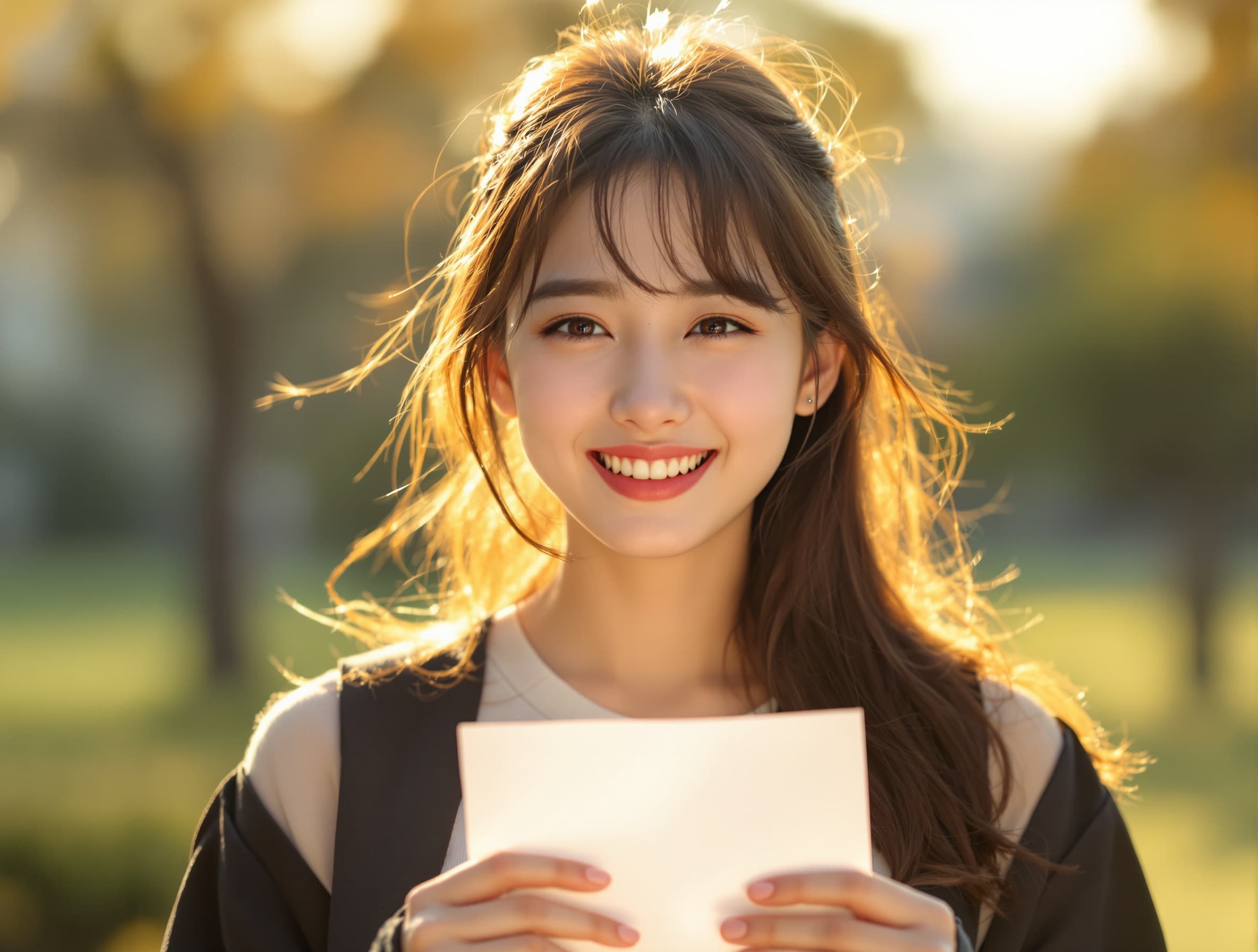 a young Korean woman age 22, baby face, fair and smooth skin, warm brown hair, holding an acceptance letter tightly in both hands, realizing she passed university transfer exam expression of shock turning into happiness, tears forming in eyes, slight smile, emotional breakthrough moment cinematic lighting, golden hour sunlight, dramatic emotional tone, realistic portrait photography, ultra detailed, soft focus background, university campus atmosphere, inspirational mood --ar 9:16 --stylize 250