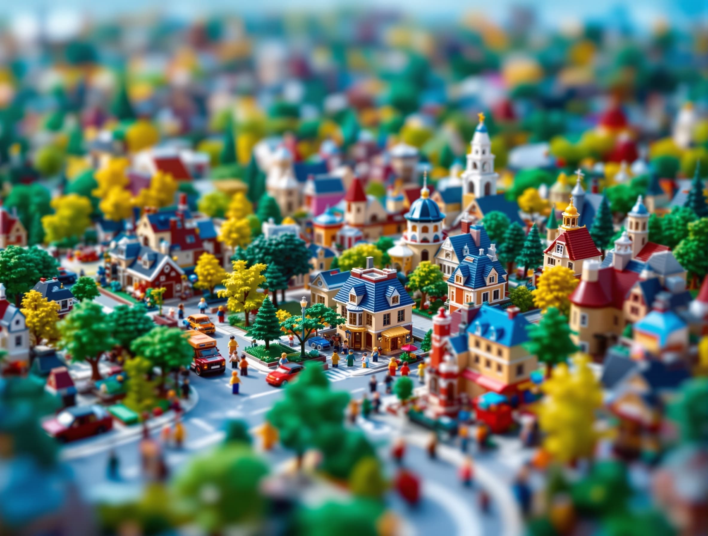 a vast LEGO world, colorful LEGO city, LEGO houses, LEGO trees, LEGO roads, LEGO cars, tiny LEGO people walking around, everything made entirely of LEGO bricks, highly detailed, cinematic lighting, realistic plastic texture, masterpiece, tilt-shift photography, vibrant colors, magical atmosphere --ar 16:9 --stylize 250