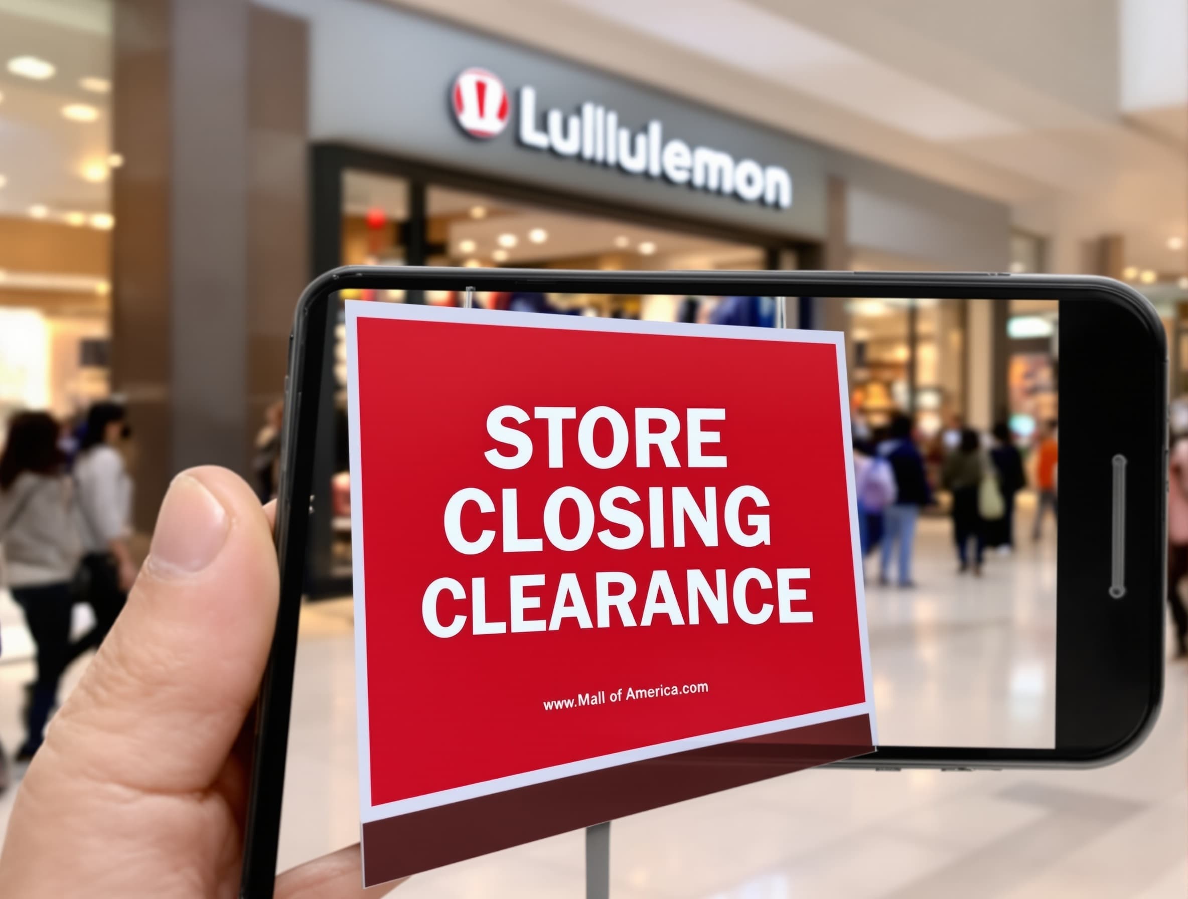photorealistic, ultra-detailed Spell all the words right. a iPhone shot of lululemon at mall of America with a placard in front saying store closing, clearance. Spell the sign correctly "Store" "Closing" "Clearance". don't spell anything wrong. spelling is paramount. just take the words i put in quote and use them