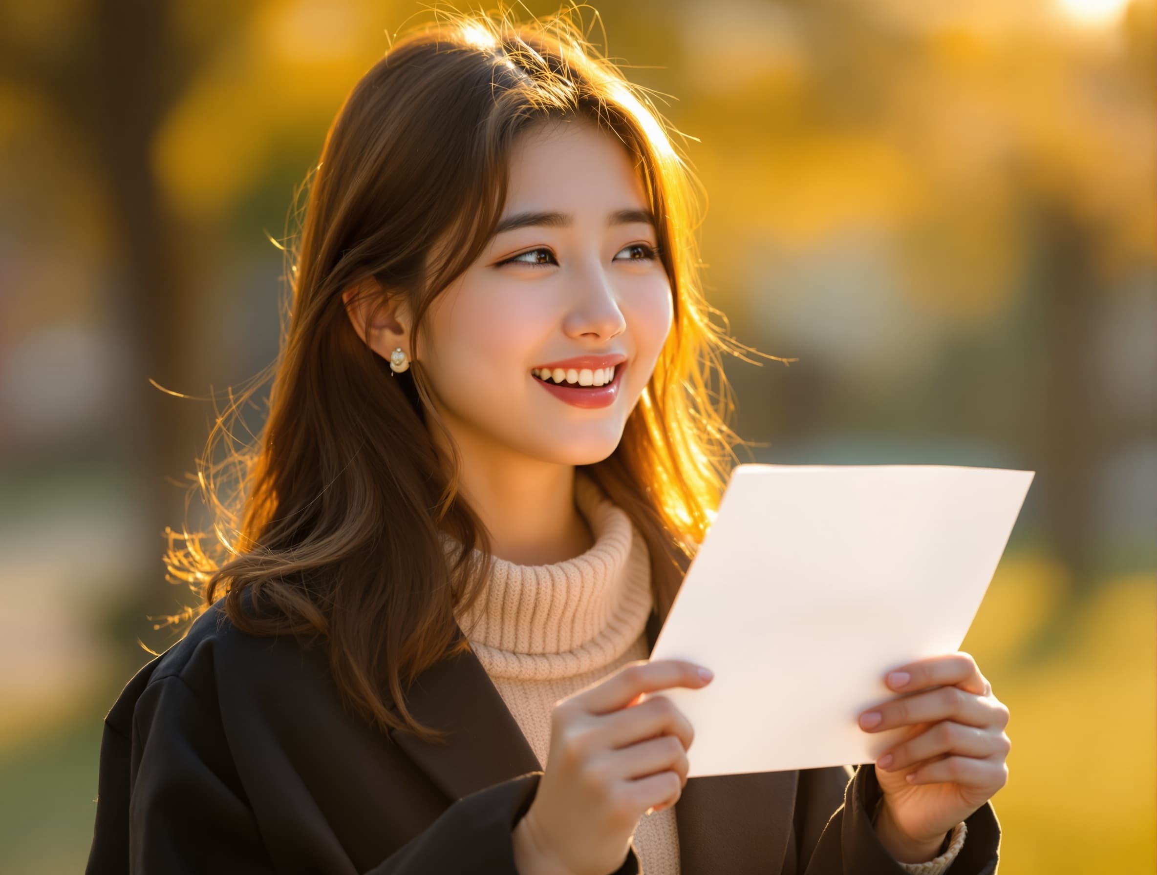 a young Korean woman age 22, baby face, fair and smooth skin, warm brown hair, holding an acceptance letter tightly in both hands, realizing she passed university transfer exam expression of shock turning into happiness, tears forming in eyes, slight smile, emotional breakthrough moment cinematic lighting, golden hour sunlight, dramatic emotional tone, realistic portrait photography, ultra detailed, soft focus background, university campus atmosphere, inspirational mood --ar 9:16 --stylize 250