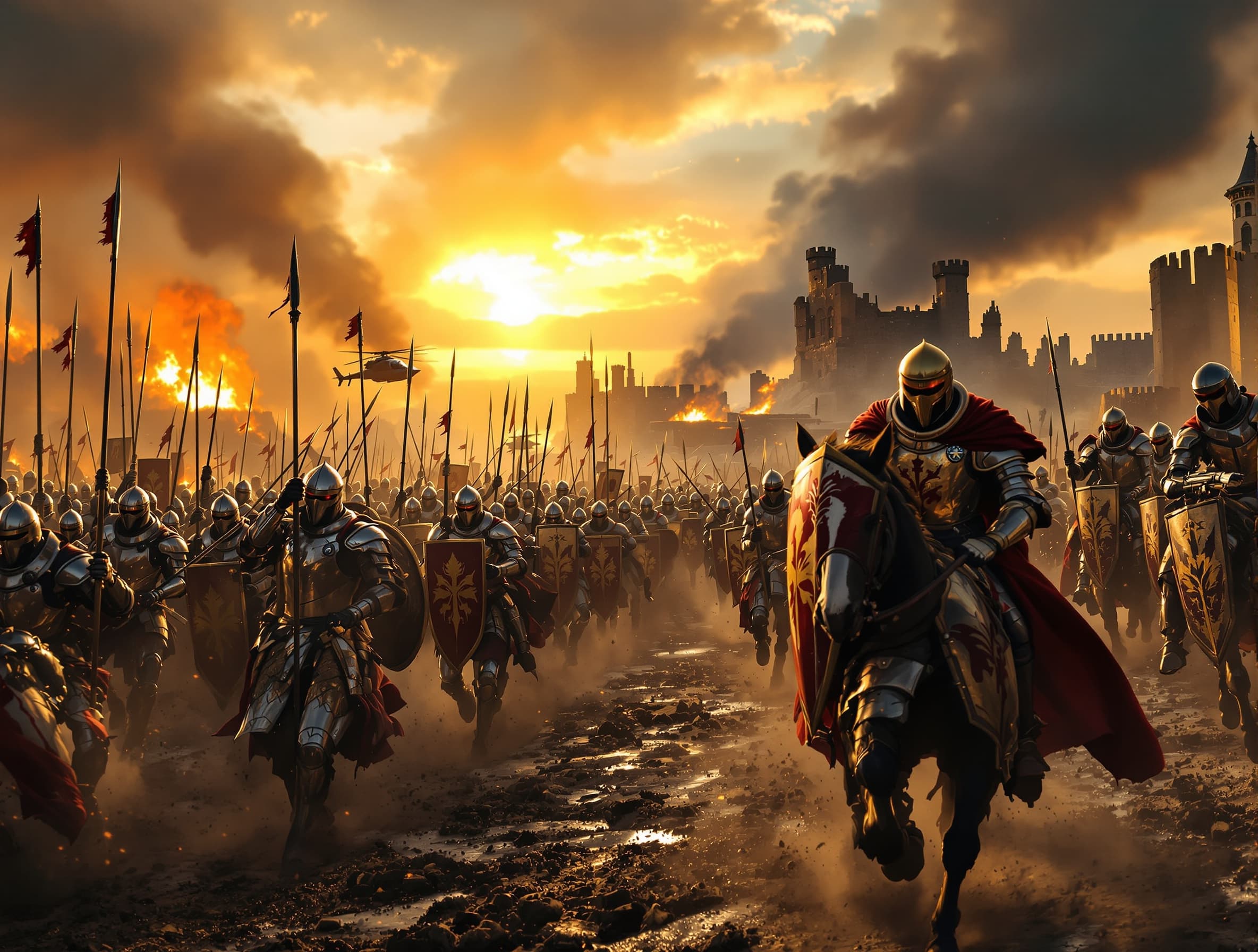An epic, cinematic battle scene contrasting two eras. On the left side, a medieval army of knights in polished steel plate armor, holding long spears, broadswords, and large wooden shields with royal crests. Some are on horseback, their warhorses draped in armored caparisons. On the right side, a high-tech modern military force equipped with futuristic assault rifles, wearing advanced tactical digital camouflage gear, combat helmets with night-vision goggles, and ballistic vests. In the background, modern armored infantry vehicles (APCs) and a low-flying military helicopter cut through the smoke, while medieval trebuchets and castle ruins burn. Dramatic sunset lighting, heavy smoke, realistic dust particles, mud on the ground, high-detail texture, photorealistic, 8k resolution, shot on 35mm lens, intense and gritty atmosphere. --ar 16:9