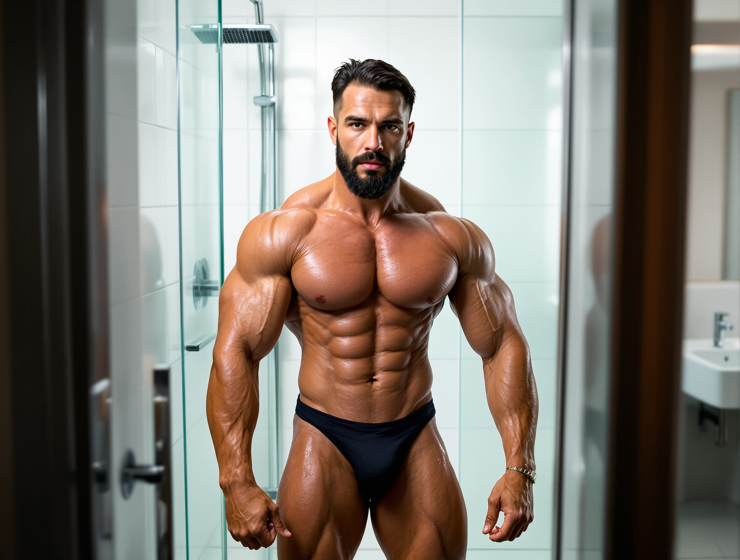 crea una imagen de un culturista en la ducha, con un bañador muy pequeño, muy musculado, definido y vasculado.
