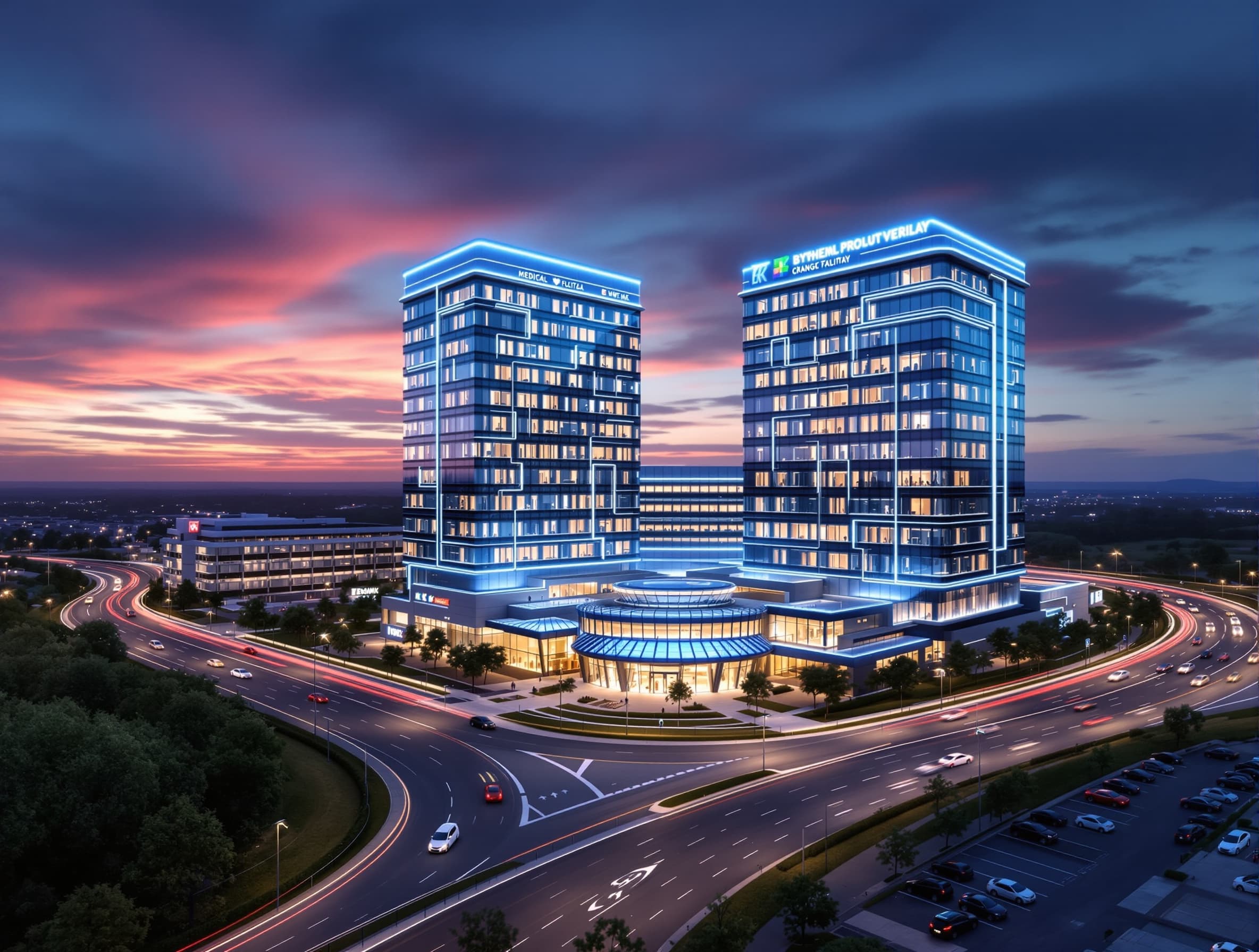 Cinematic drone fly-past shot, sweeping slowly from right to left in a wide arc across a modern dual-tower medical facility at dusk. The camera moves smoothly above a multi-lane highway, tracking a curved one-way traffic road that leads toward the buildings. Bright architectural lighting illuminates the glass facades and a prominent glass-canopy entrance loop. In the background, a multi-storey car park is subtly visible behind the main blocks. Photorealistic architectural visualization, 8k resolution, perfectly smooth camera tracking, dramatic twilight sky.