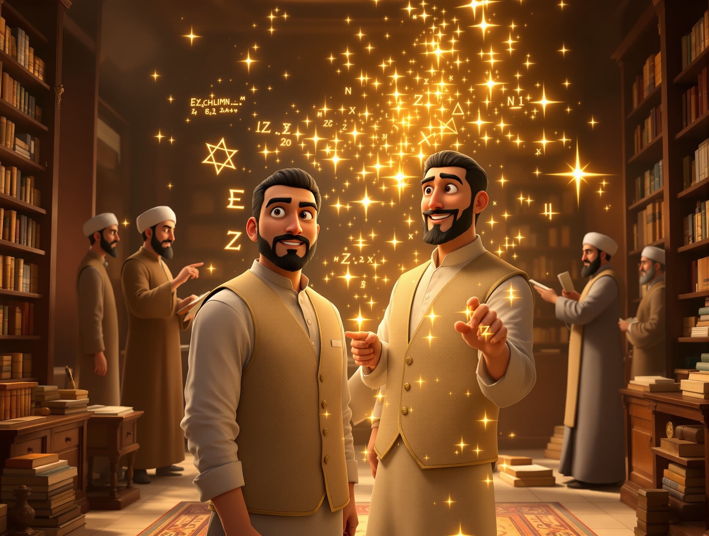Veo Prompt:20 Use ONLY the provided reference character. Preserve the same face, beard, clothing, and identity exactly. Inside the House of Wisdom, a young student struggles to solve a mathematical problem. The scholar walks calmly toward him, smiles warmly, and sits beside him. Instead of solving the problem himself, he gently points to the manuscript, encouraging the student to think. The student suddenly understands, and glowing golden equations rise into the air, transforming into stars and geometric patterns. Ultra-realistic Pixar documentary style, cinematic lighting, volumetric rays, smooth camera movement, 8K HDR. Audio language: Uzbek (o'zbek tili), NOT English. Character Dialogue (Uzbek): "Shoshilmang... Yechimni men emas, siz topishingiz mumkin." Music: Warm inspirational orchestra. SFX: Soft page turning, pen writing, magical particles. Transition: The glowing equations fill the screen and lead into the next scene.