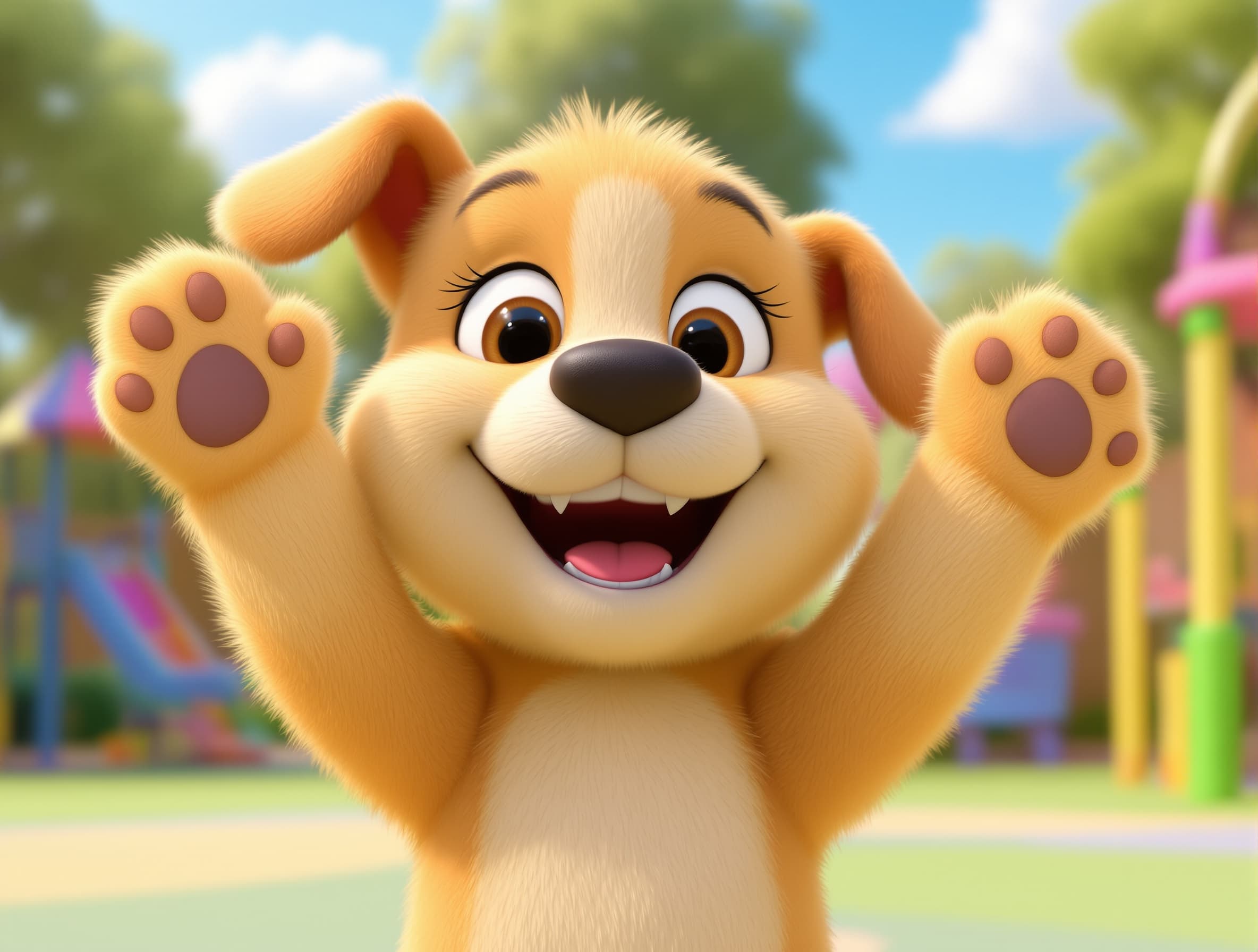 Animate the character from the uploaded photo. The puppy starts bouncing up and down happily, raising paws in the air, smiling and encouraging children to jump together. Fun kids fitness warm-up style, energetic movements, natural cartoon motion, full body visible, bright playground background, 3D animation, 10-second video.
