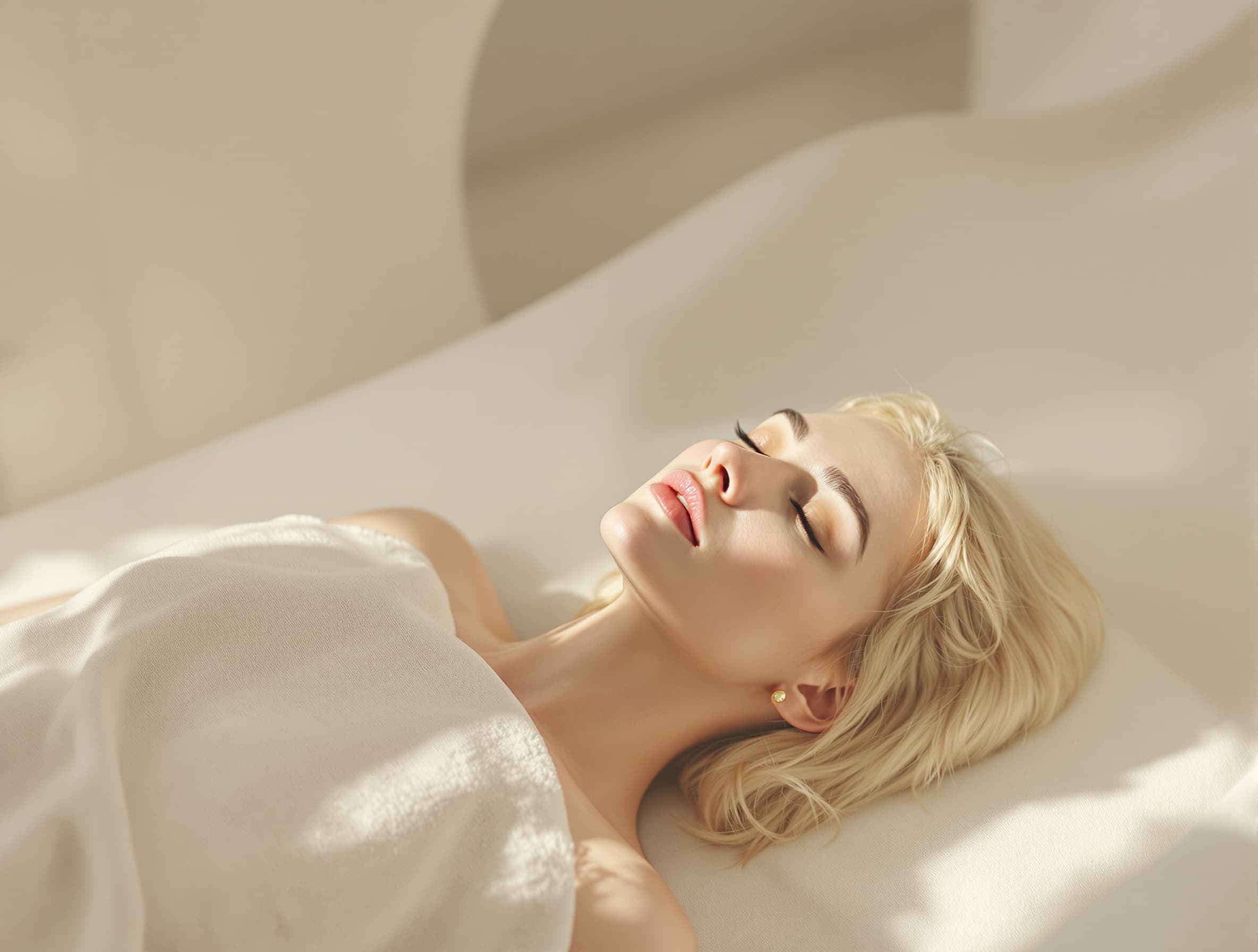 A single editorial fine art photograph of a woman lying on a sculptural treatment bed in a minimalist Japanese-Scandinavian architecture space. Calcareous stone walls in ivory, travertine surfaces, natural linen, extra-clear glass, light oak wood. Extreme minimalism, no flowers, no candles, no bamboo, no spa elements. The space feels like a contemporary art gallery. Ethereal white atmosphere, very fine almost imperceptible mist. Cinematic editorial lighting, extremely diffused natural light from large invisible windows, soft enveloping light, large fabric diffusers. Gentle reflection on skin, very delicate shadows, subtle rim light defining hair contour and suspended particles. No deep blacks, everything breathes luminosity. Organic skin light, never shiny, never plastic. Color palette: ivory, stone white, warm ivory, champagne, light sand, travertine, natural linen, warm beige, stone grey, subtle champagne gold reflections. Very low chromatic contrast, reduced saturation, timeless appearance. Medium format photography, 80mm lens, natural compression, very shallow depth of field, extremely soft bokeh. Hyper-realistic skin, visible micro-detail, authentic textures, no artificial beauty effect, Hasselblad X2D or Phase One IQ4 quality. Vertical composition, vast negative space, model occupies approximately one third lower of the image. Face positioned at rule of thirds tension point. Hands of the aesthetician enter only from the edges of the frame, never showing the full professional. All architectural lines direct the eye toward the face. Natural absolute beauty, not an influencer, editorial model quality. Perfect but real skin, visible pores, authentic texture, natural lips, soft brows, clean and slightly tousled hair. Eyes closed. Expression communicates relief, not happiness. As if she has completely forgotten the outside world. Slow, precise, elegant, delicate, confident hand movements, not transmitting technique but mastery. From the skin emerge thousands of microscopic light particles in gold and silver, not dust, not glitter, but energy transforming into calm. Some particles become a luminous mist, others slowly disappear. Extremely subtle effect, never fantastic, must feel possible. Like a visual metaphor for wellbeing. Luxury Beauty Editorial, Quiet Luxury, Fine Art Photography, High Fashion Beauty Campaign, Minimalism, Japanese Aesthetics, Scandinavian Design, Museum Quality, Contemporary Art, Invisible Luxury, Emotional Storytelling, Sophisticated Simplicity, Ultra Premium Branding. The image must provoke the thought: "I need to live that experience." Not selling a facial cleansing, selling a pause, a refuge, a privilege, an instant where someone cares for you with absolute excellence. Dior Beauty campaigns reference, Chanel Skincare, La Mer, Aesop, Augustinus Bader aesthetic. No conventional spa aesthetic, no flowers, no bamboo, no hot stones, no scented candles, no palm leaves, no floating petals, no excessive makeup, no plastic skin, no beauty filters, no saturated colors, no clinical backgrounds, no visible medical instruments, no forced expressions, no exaggerated smiles, no artificial appearance, no AI-generated look, no text, no logos, no watermarks, no distracting objects. The result must look like a real photograph from an award-winning international campaign in art direction and advertising photography. --ar 2:3 --style raw --s 250 --v 6.0