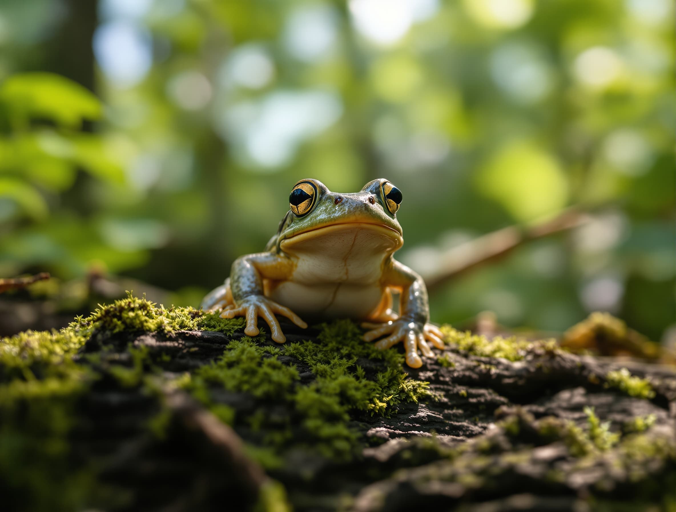 Close-up wildlife documentary shot of a wood frog perched on a moss-covered log, alert posture, throat subtly pulsing, dappled sunlight through forest canopy, rich green and brown natural tones, shallow focus, cinematic nature footage style, vertical 9:16.