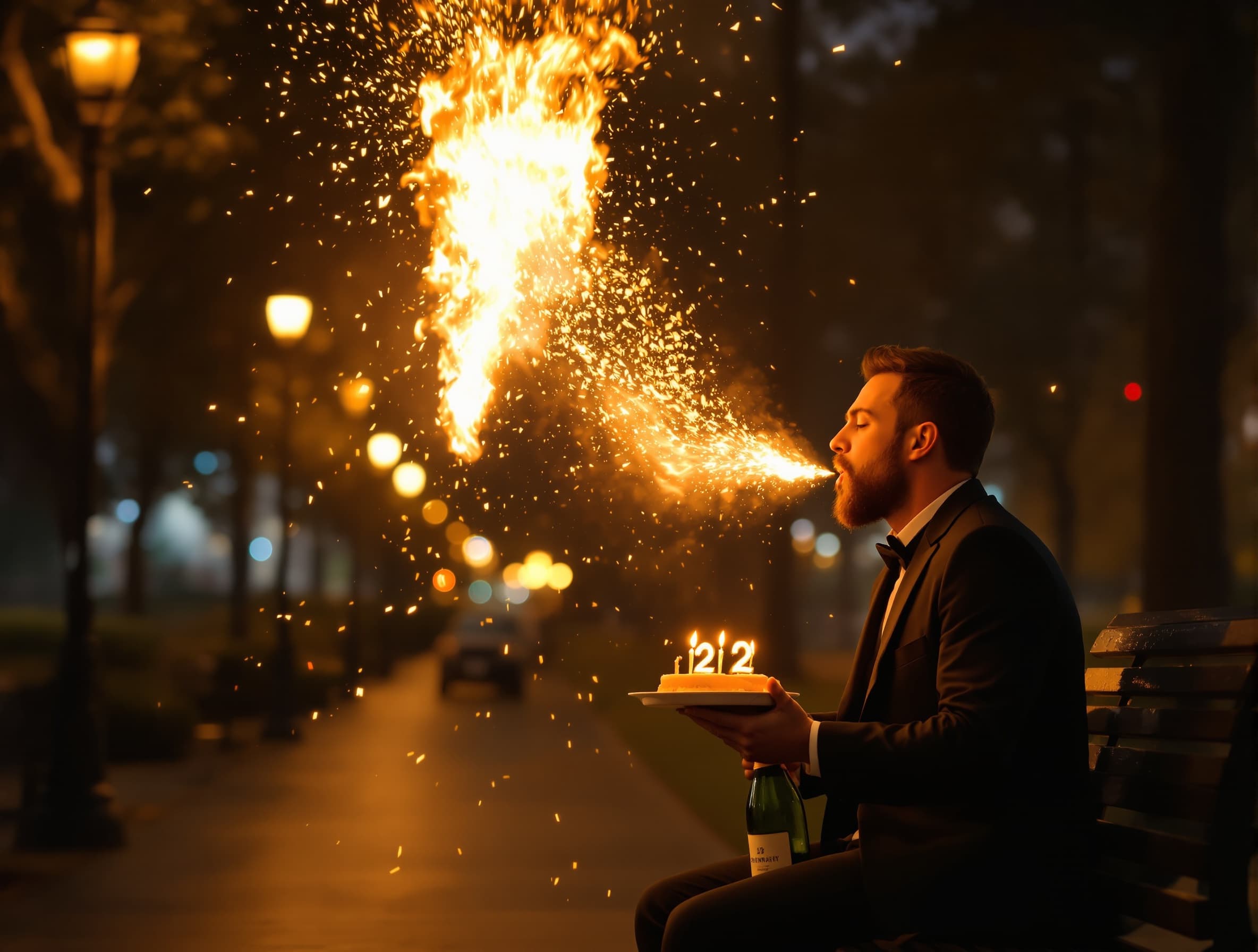 Static camera, one continuous 6-second shot, vertical 9:16, ultra-photorealistic night park with warm street lights, cinematic bokeh, and film-quality lighting. A man wearing black suite walks naturally into frame carrying a birthday cake with lit "22" candles in one hand and a champagne bottle in the other. He sits naturally on the bench, naturally holding the cake in front of his without placing it on the bench. he briefly shakes the champagne bottle with controlled excitement while still holding the cake. he then forcefully slams the bottom of the champagne bottle against on the bench. At the exact same instant, he leans toward the cake and blows out the candles. The cork explodes off precisely as she blows, creating perfect synchronized timing. A powerful champagne fountain erupts upward and sprays continuously with realistic pressure, droplets, mist, and natural physics. Simultaneously, his breath seamlessly transforms into a smooth cinematic fire-breath effect, growing into a bright, realistic flame that illuminates his face, hair, dress, and the surrounding scene. Champagne spray, smoke, sparks, glowing embers, and volumetric lighting fill the frame while maintaining realistic interactions. Ultra-realistic Hollywood cinematic quality, physically accurate fire simulation, realistic champagne spray dynamics, natural body movement, perfect synchronization between candle blow, cork pop, champagne eruption, and fire breath, no text, no watermark, no extra people.