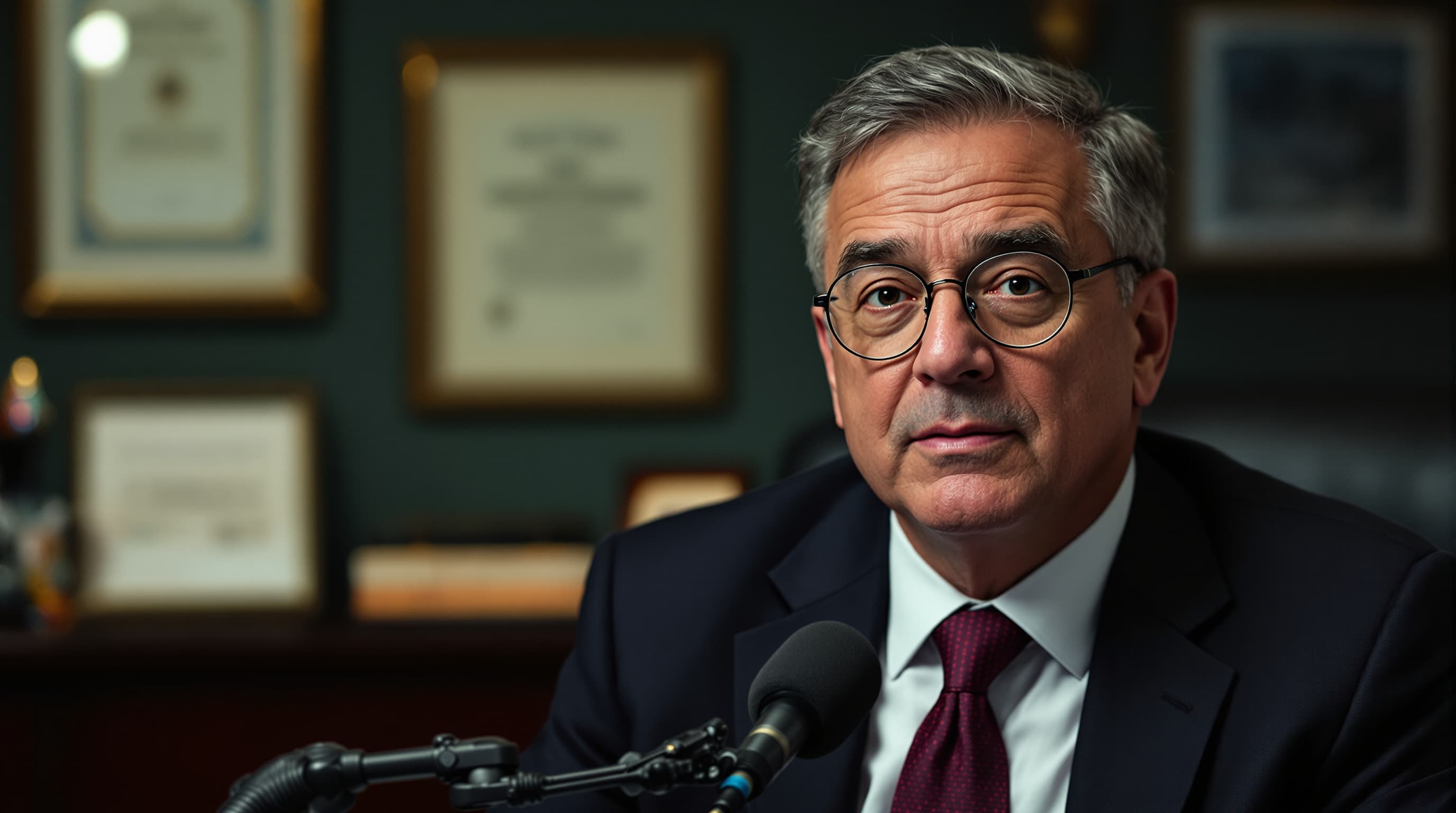 Front-facing medium shot of a 55-year-old authoritative American financial strategist, clean-cut with short grey-sprinkled hair, wire-rim reading glasses, subtle eye bags, visible skin pores and realistic age wrinkles, neutral serious expression looking directly into the camera. He is wearing a dark navy suit jacket, white collared shirt, and dark burgundy tie. Sitting in a dimly lit executive study with a dark mahogany desk, dark green wall with framed certificates blurred in the background. A black Shure SM7B studio broadcast microphone on a boom arm is positioned directly in front of his lower chest. Moody warm cinematic lighting, soft key light, shallow depth of field, candid 35mm photograph, shot on Leica M, hyper-detailed skin texture, realistic imperfections --ar 16:9 --style raw --v 6.0