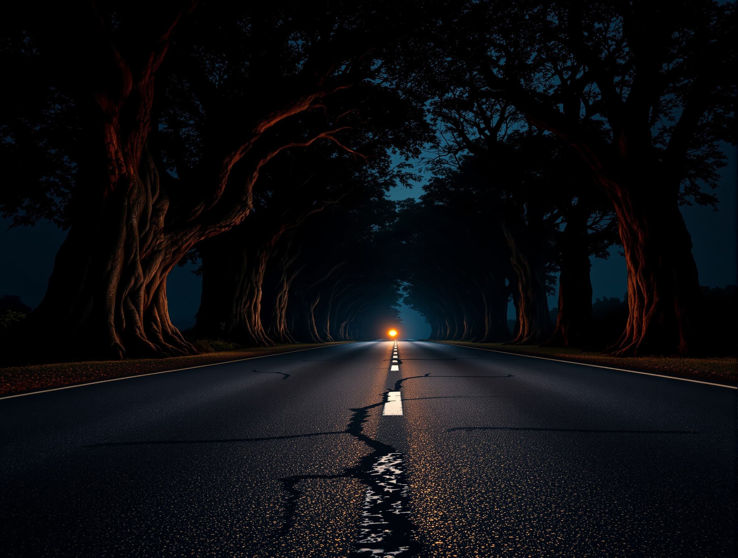 Create an archival image of a Western Tamil Nadu, Coimbatore to Pollachi Highway, a ground-level view of the empty asphalt road surface showing its rough texture with massive gnarled tamarind tree trunks rising on the side, subtle haunting darkness with long shadows stretching across the tarmac, quiet suspenseful dread, faint ambient starlight and a weak distant amber glow with realistic film grain, low angle shot from ground level --ar 16:9