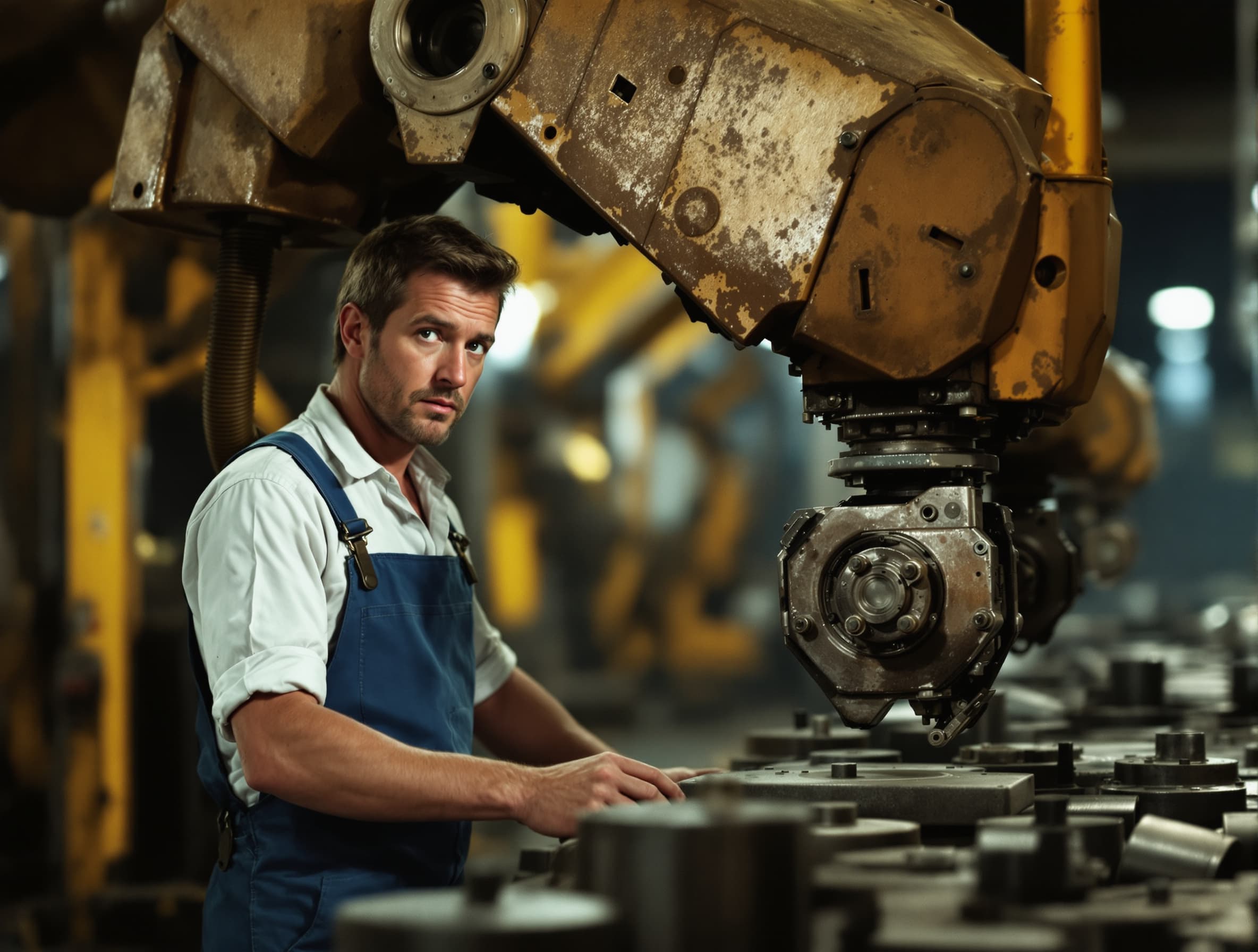 cinematic lighting, s A photograph of a factory worker in the 1970s, working alongside a robotic arm that assists in moving heavy objects. The image reflects an old cinematic style, the machine's age and slightly worn condition, and the worker's completely absorbed appearance.hallow depth of field