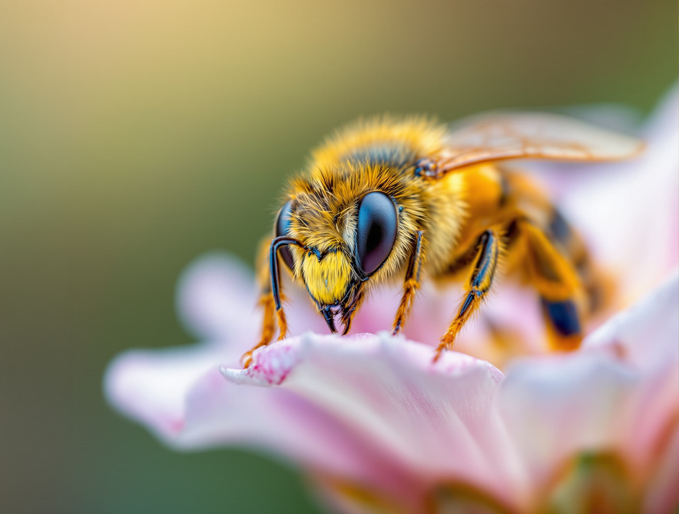 ultra-realistic wildlife photography, macro photography, natural lighting, realistic bee anatomy, extremely detailed wings and fur, cinematic depth of field