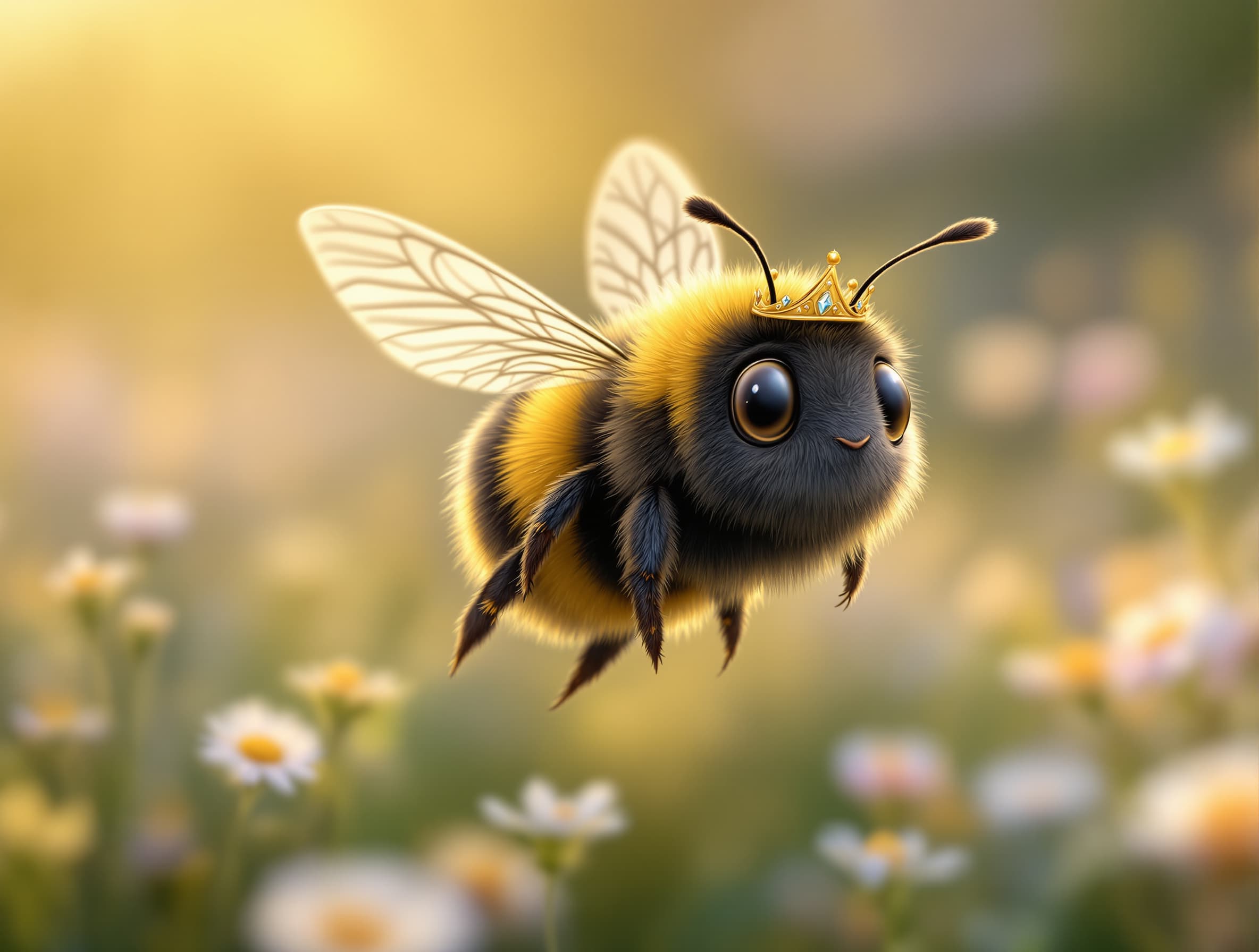 A charming bumblebee flying toward the viewer in the foreground, positioned slightly to the right of centre, with crisp sharp focus and beautifully detailed fluffy black-and-yellow fur. The bumblebee is wearing a small elegant golden crown securely positioned on its head, with tiny subtle jewels that catch the light. Its wings are delicately translucent and captured mid-flight, creating a natural sense of movement. Behind the bee is a soft, beautiful meadow filled with wildflowers, gently blurred with a shallow depth of field so the bumblebee remains the clear focal point. Warm natural sunlight, soft golden-hour glow, whimsical yet sophisticated children's-book illustration, charming and friendly expression, premium editorial artwork, highly detailed, clean composition, visually appealing, professional digital illustration, no text, no watermark. The bumblebee should occupy approximately 40% of the image, with plenty of uncluttered space around it. Landscape composition, high resolution, suitable for a premium printable digital product.