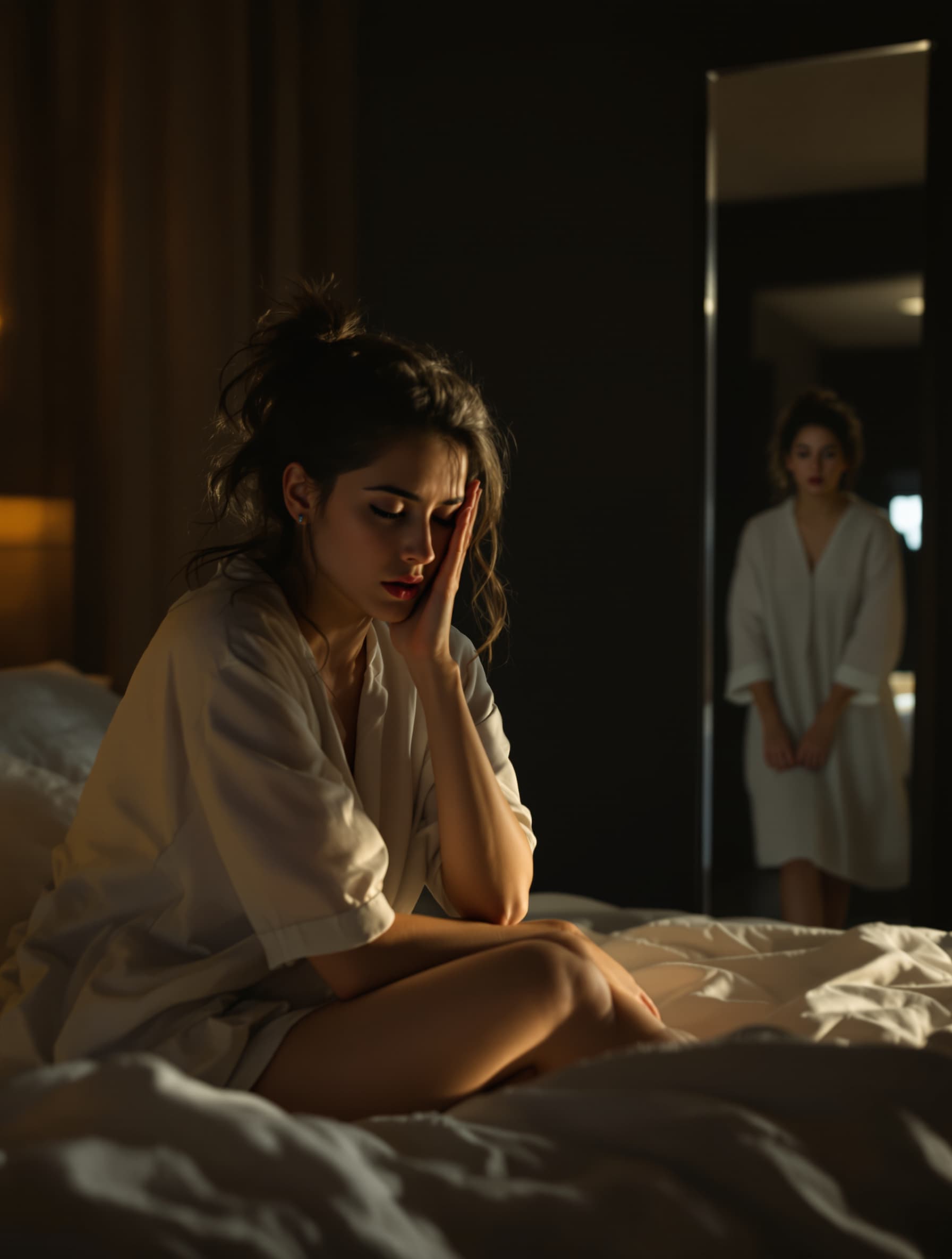 SCENE 1 — HOOK (0:00–0:12) Prompt : Close-up of a smartphone alarm ringing at 7:00 AM. A young tired woman wakes up in a soft-lit bedroom. She slowly walks to the bathroom. Camera follows her. She looks into the mirror and freezes, shocked and uncomfortable. Natural lighting, realistic skin details, cinematic mood. Voice-over (soft, emotional): "Have you ever done everything for your skin… and still feel like nothing works?" Use this picture