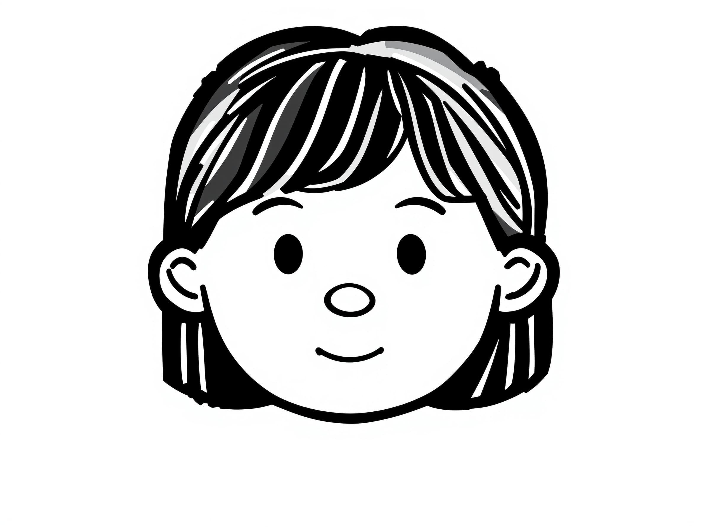 Preschool educational playdough activity mat base design of a simple cartoon child head and face outline with ears and simple hair, completely blank face with no eyes, no nose, no mouth, flat vector art style, extra thick bold black outline, solid flat skin tone, wide open fillable facial area, completely isolated on a clean solid white background, minimalist 2D children's clip art --no 3d, shading, gradients, facial features, photorealism, shadows
