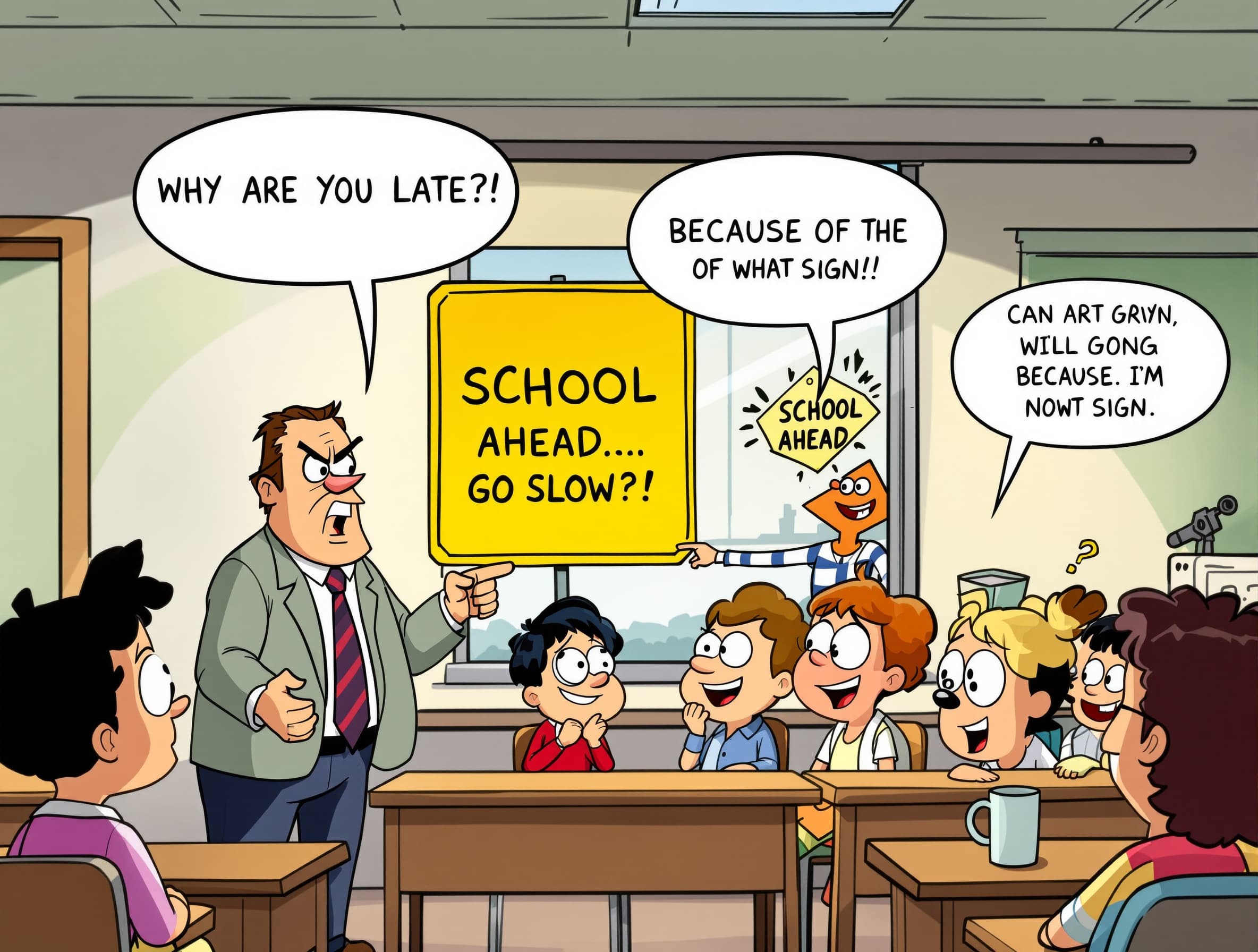 Funny animated classroom comedy, vertical 9:16. A strict male teacher angrily asks a late student, “WHY ARE YOU LATE?!” The student looks innocent and confidently says, “Because of the sign, Teacher!” Teacher looks confused: “WHAT SIGN?!” Student points outside and says very seriously, “SCHOOL AHEAD… GO SLOW!” Teacher freezes, stares at the camera, then facepalms. The whole class bursts into laughter. Exaggerated cartoon facial expressions, huge eyes, funny reactions, comedic timing, expressive voices, accurate lip sync, silly sound effects, hilarious wholesome humor.
