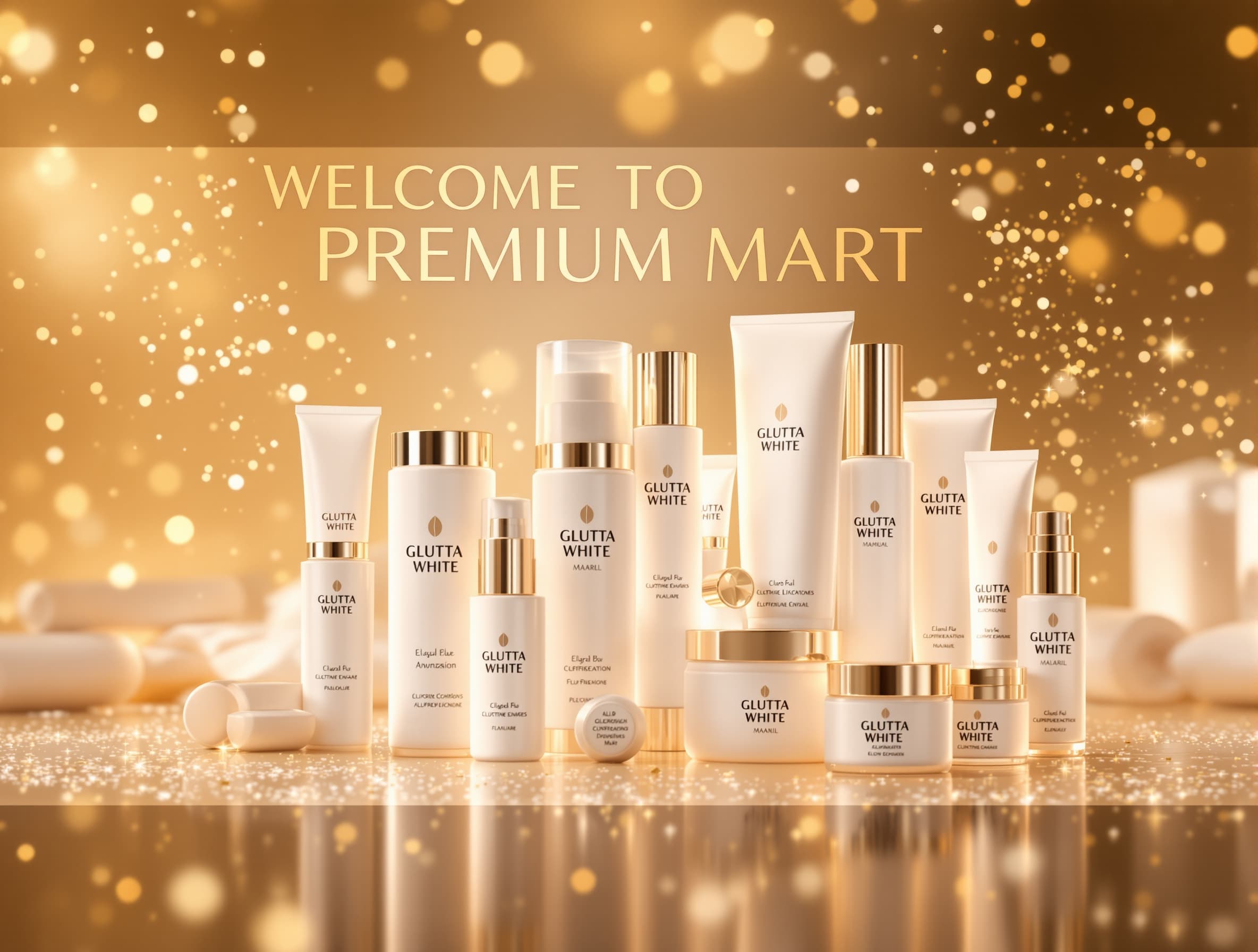 Create a premium 10-second vertical 9:16 advertisement for Glutta White skincare products. 0–2 seconds: Begin with a luxurious, stylish intro. Display the text: ✨ “WELCOME TO PREMIUM MART” ✨ Use elegant modern typography, glossy 3D text, soft golden-white glow, sparkling particles, and a premium cosmetics-store atmosphere. 2–7 seconds: Smooth cinematic transition to realistic Glutta White products. Show beautiful close-up shots of the products with professional studio lighting, glossy reflections, subtle camera movement, and luxury skincare commercial aesthetics. 7–10 seconds: Show all Glutta White products together in a stunning hero shot. Add a soft glow, elegant sparkle effects, and a smooth premium ending. Style: Luxury, professional, attractive, realistic product photography, cinematic lighting, high-end Pakistani cosmetics advertisement, ultra-detailed, premium commercial quality, 4K look. Important: Keep product packaging, brand name, labels, and text realistic and undistorted. Make “WELCOME TO PREMIUM MART” the first thing viewers see.