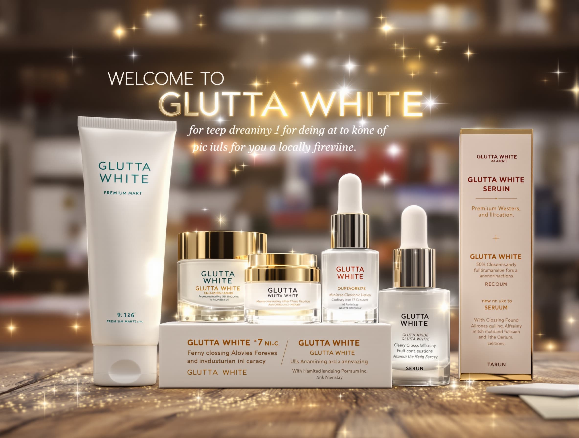 Create a premium 10-second vertical 9:16 advertisement for Glutta White skincare products. 0–2 seconds: Begin with a luxurious, stylish intro. Display the text: ✨ “WELCOME TO PREMIUM MART” ✨ Use elegant modern typography, glossy 3D text, soft golden-white glow, sparkling particles, and a premium cosmetics-store atmosphere. 2–7 seconds: Smooth cinematic transition to realistic Glutta White products. Show beautiful close-up shots of the products with professional studio lighting, glossy reflections, subtle camera movement, and luxury skincare commercial aesthetics. 7–10 seconds: Show all Glutta White products together in a stunning hero shot. Add a soft glow, elegant sparkle effects, and a smooth premium ending. Style: Luxury, professional, attractive, realistic product photography, cinematic lighting, high-end Pakistani cosmetics advertisement, ultra-detailed, premium commercial quality, 4K look. Important: Keep product packaging, brand name, labels, and text realistic and undistorted. Make “WELCOME TO PREMIUM MART” the first thing viewers see.