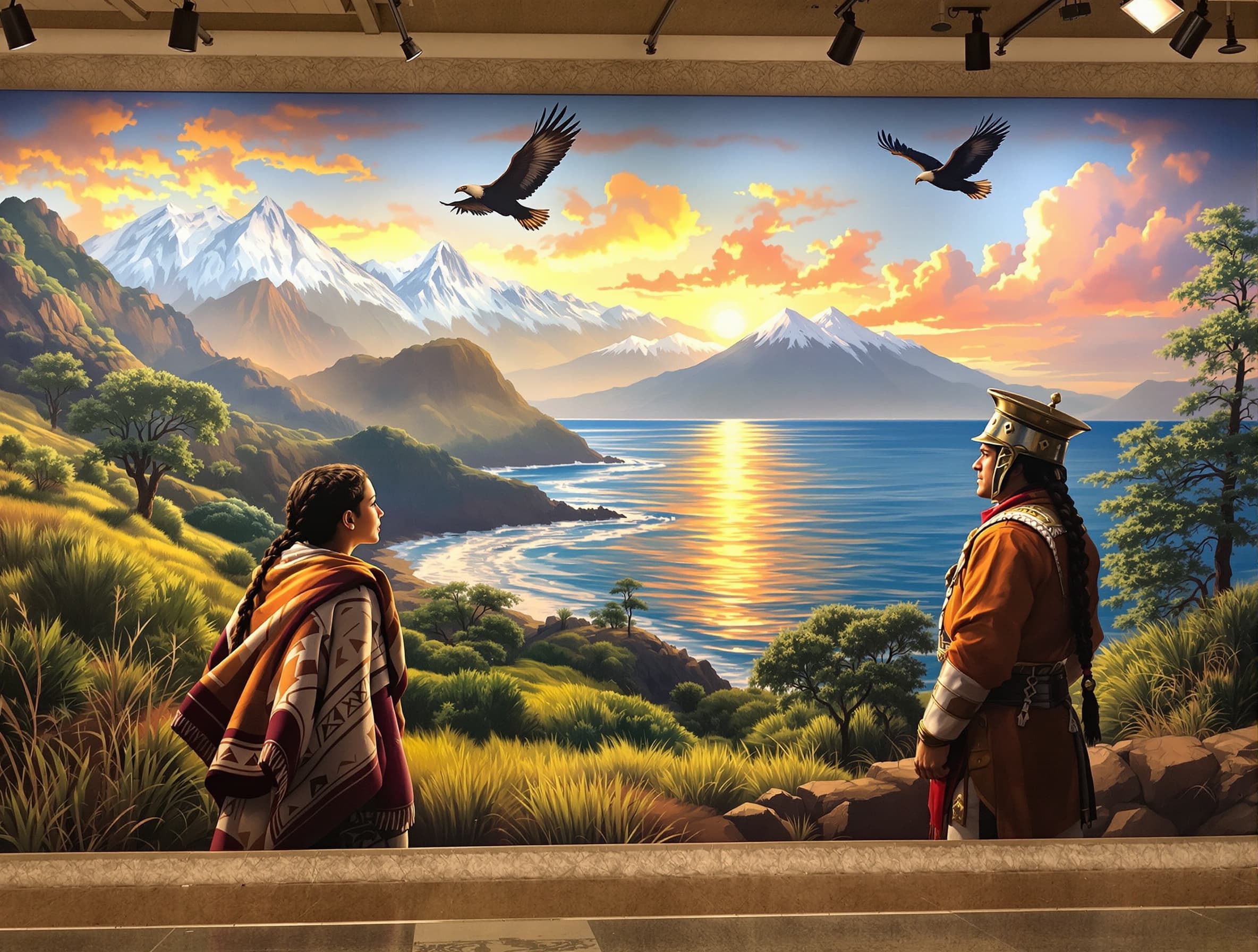 Mural para pared, estilo pictórico realista con detalles tradicionales latinoamericanos, composición panorámica. En el tercio inferior derecho, tres figuras mirando desde la derecha hacia el horizonte a la izquierda: de primer plano a fondo, 1) un niño mestizo con postura esperanzada, viste una mezcla de ropa sencilla con una manta de lana mapuche sobre el hombro, 2) una mujer mapuche de pie detrás del niño, con expresión digna, vestimenta tradicional mapuche con falda tejida de motivos geométricos y poncho de lana, cabello largo trenzado, 3) un conquistador español del siglo XVI de pie al fondo del grupo, con indumentaria de conquista (jubón de cuero, casco de metal a un lado), expresión reflexiva. Fondo: detrás de las figuras en el lado derecho, la Cordillera de los Andes con picos nevados y araucarias milenarias verdes en las faldas. En el lado izquierdo (horizonte donde miran las figuras), el océano Pacífico en ocaso, el sol resplandeciente bajo en el horizonte tiñe todo de tonos dorados y naranjas, olas suaves que reflejan el brillo del sol, cielo con nubes suaves bordeadas de oro, dos cóndores andinos volando con alas abiertas sobre el mar. Simbolismo: el pasado mestizo de Chile mirando hacia un futuro de esplendor, paleta de colores cálida y armónica, líneas nítidas, profundidad de campo, luz dramática de ocaso, estilo apto para mural. --ar 16:9 negative prompt: distorted faces, blurry, unrealistic proportions, aggressive expressions
