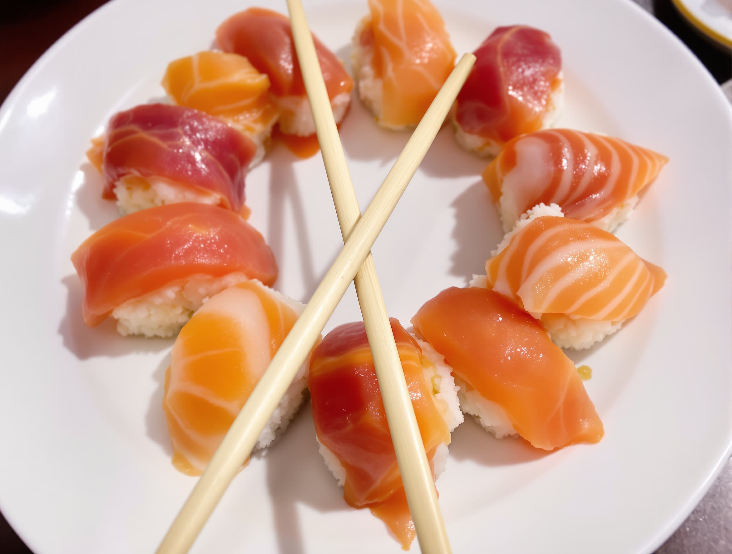 Realistic photos of a serving of sushi on a round white plate with chopsticks, taken with an iPhone 17 Pro in a realistic style that accurately captures the physical properties of the food and the lighting